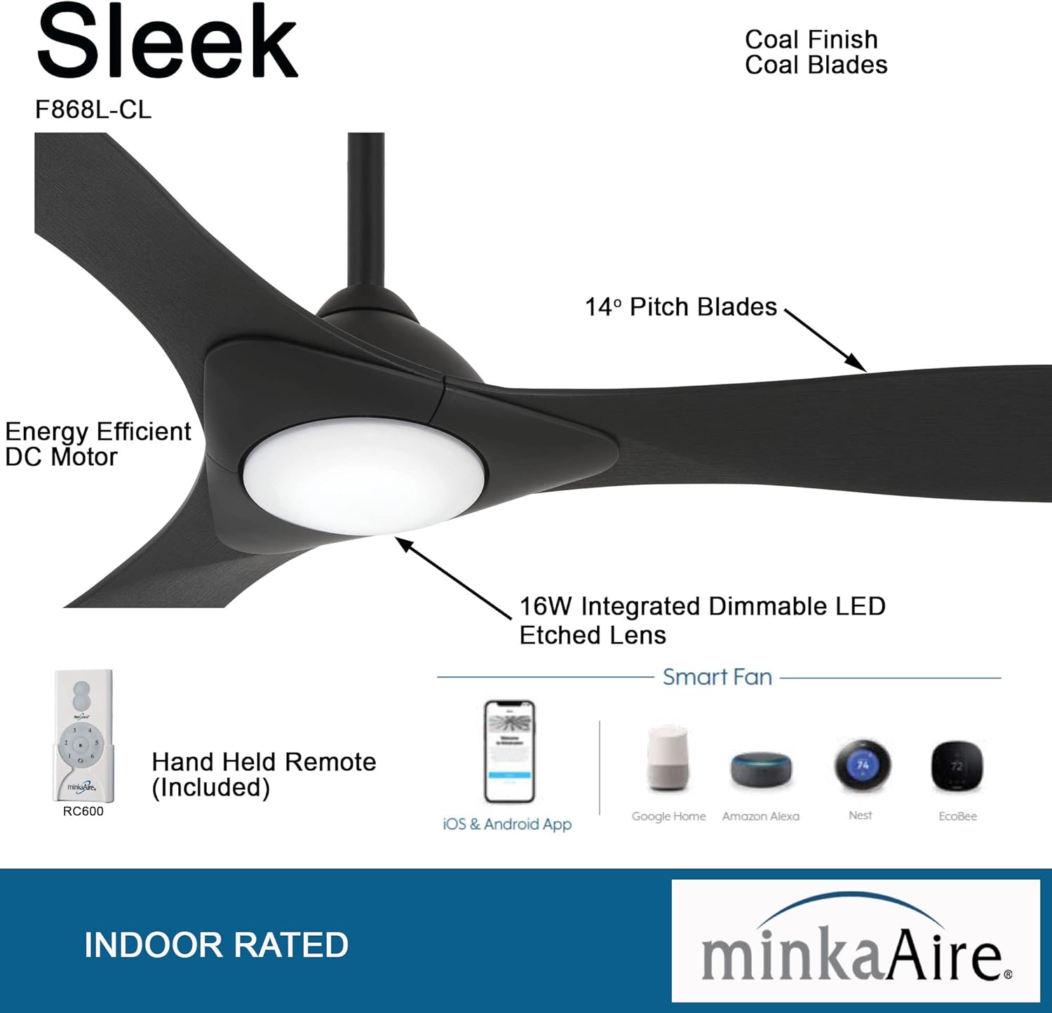 Minka-Aire Sleek 60′′ Ceiling Fan, Soft Brass/White, LED, Smart Remote/App Control, Energy Star Certified