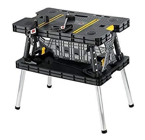 2024 Keter �C 197283 Folding Table Work Bench for Miter Saw Stand, Woodworking Tools and Accessories with Included 12 Inch Wood Clamps �C Easy Garage Storage Black/Yellow