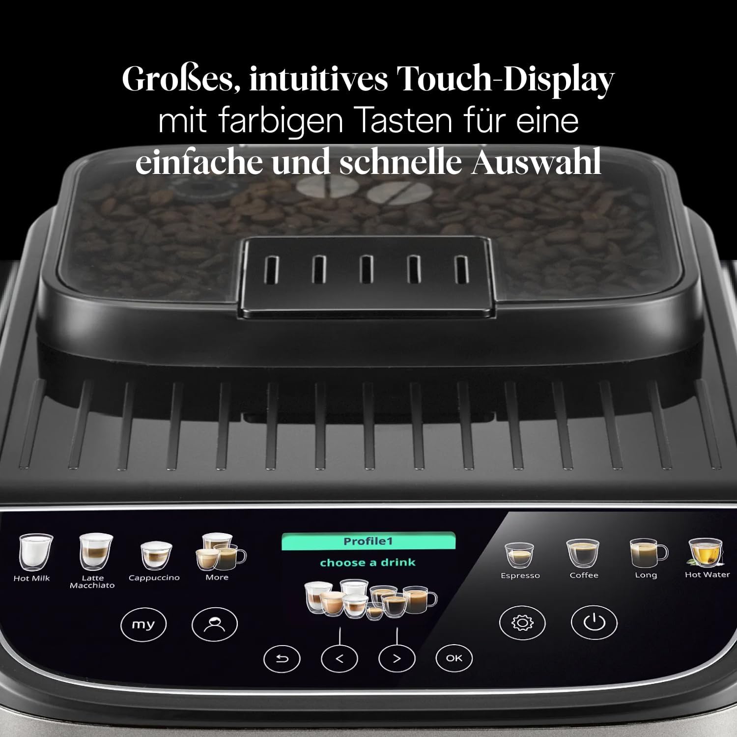 De’Longhi Magnifica Evo Next - Perfetto Kaffeevollautomat mit LatteCrema-Milchaufschäumer, 13 One-Touch-Getränke, Coffee- und Cappuccino Kaffeemaschine, farbiges Touch-Display, Titan (ECAM312.80.SB)