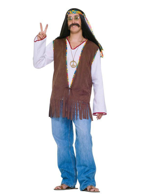 Mens Hippie Costume 70s Faux Suede Brown Fringed Vest