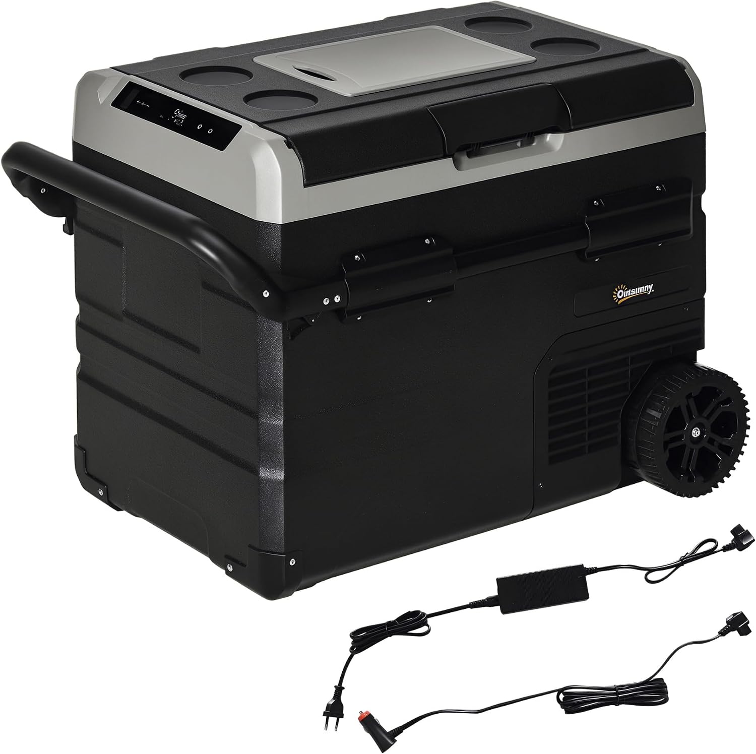 Outsunny Nevera Compresor Portátil 60L Nevera Portátil Eléctrica para Coche Congelador CC 12V/24V hasta -20℃ con Pantalla LED Táctil Asa Retráctil Ruedas para Camping Viajes 71,1x46x57,1 cm Negro