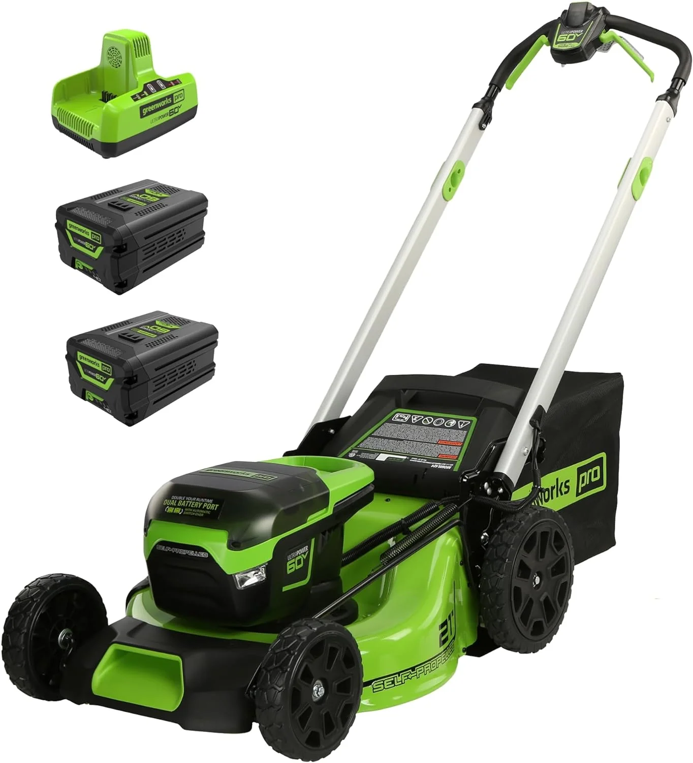 2025 Cortacésped autopropulsado inalámbrico 60V 21” con 2 baterías de 4,0Ah y cargador rápido de doble puerto – Greenworks