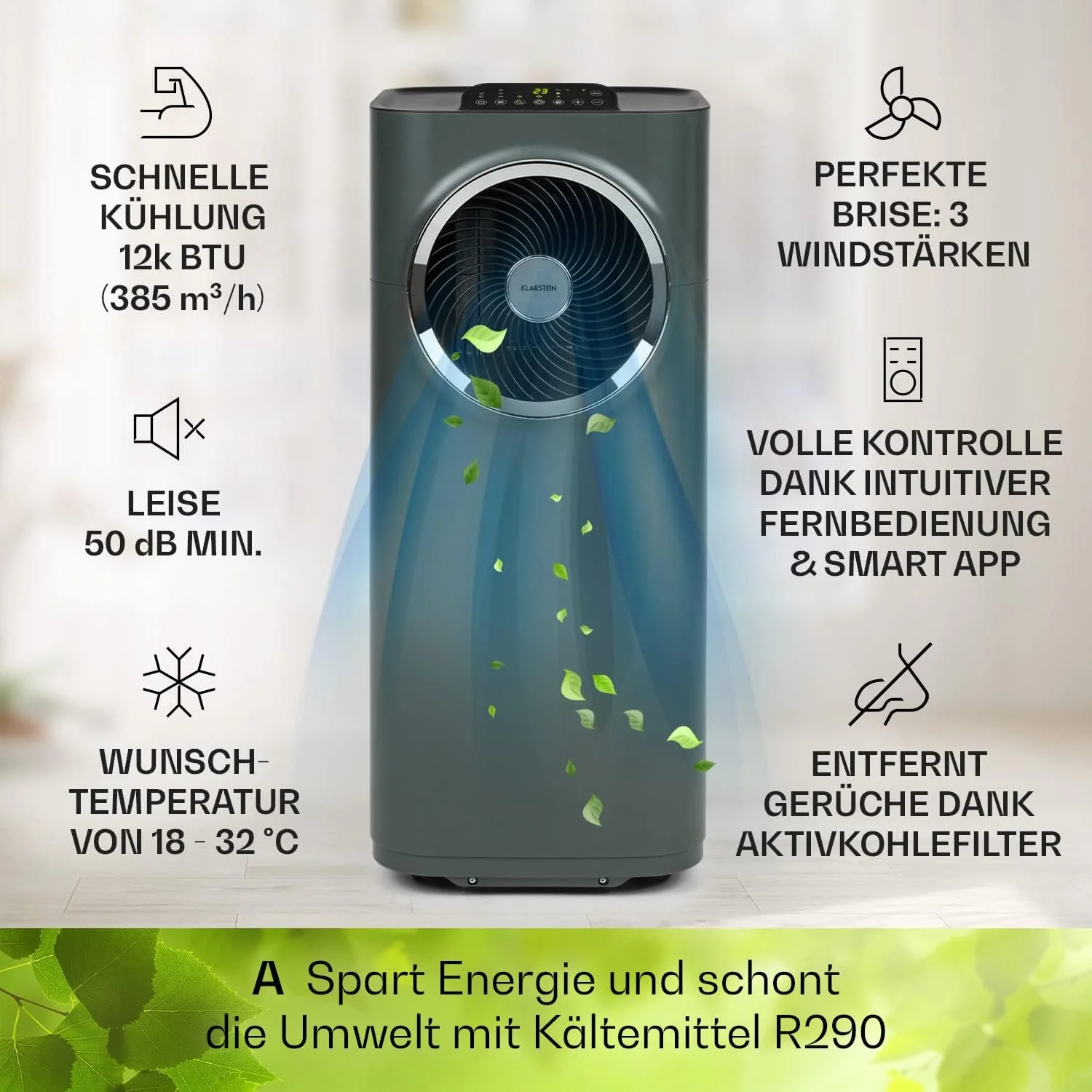 Klarstein Mobile Klimaanlage mit Abluftschlauch, 5-in-1 Klimagerät, Ventilator, Luftentfeuchter, Luftreiniger & Nachtmodus, App-Steuerung, Kleine & Portable, für Wohnung & Büro, 12000 BTU