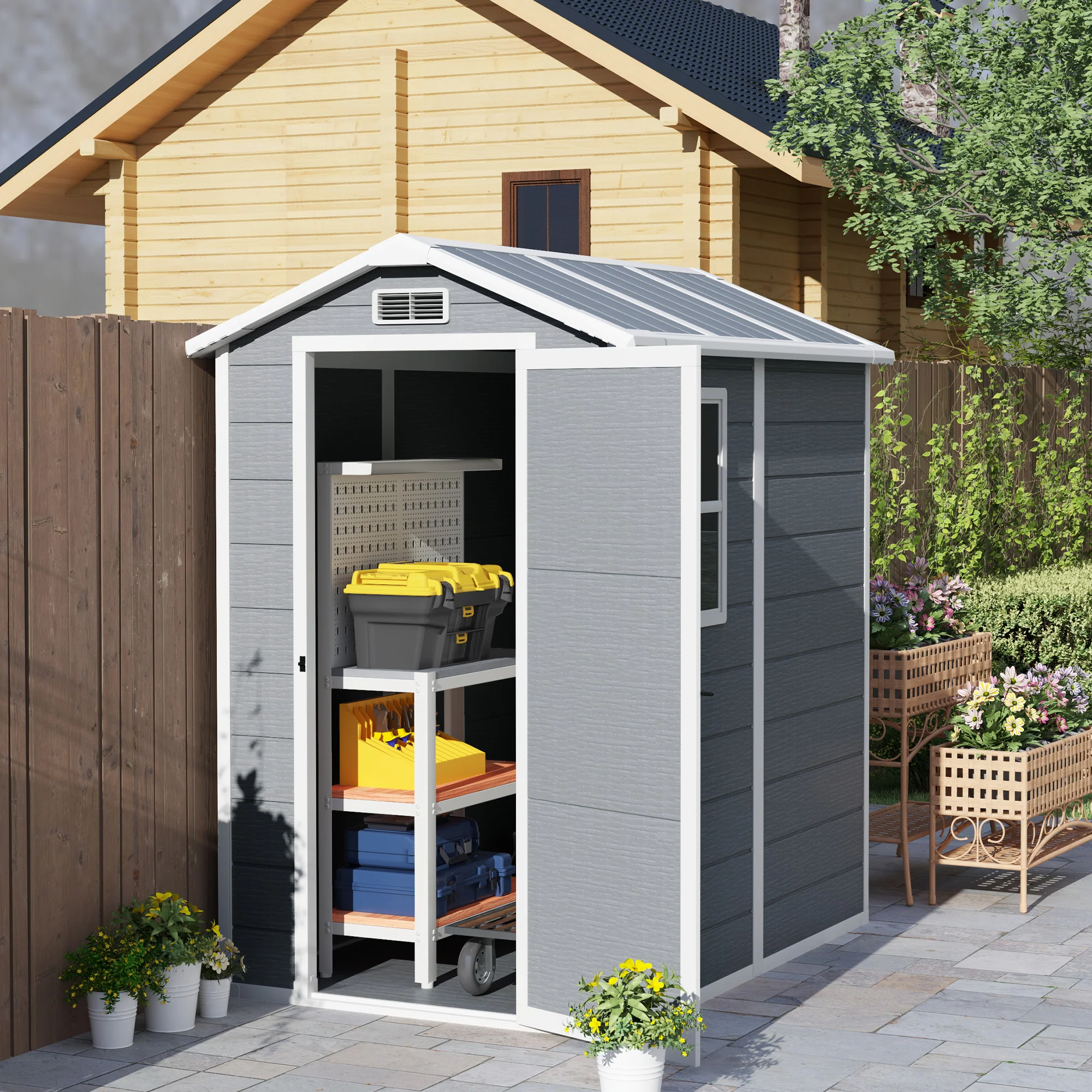 Outsunny Tuinschuur, Kunststof Tuinhuis met Vloer, Venster, Vergrendelbare Deuren, voor Tuin, 131B x 186D x 198H cm, Grijs