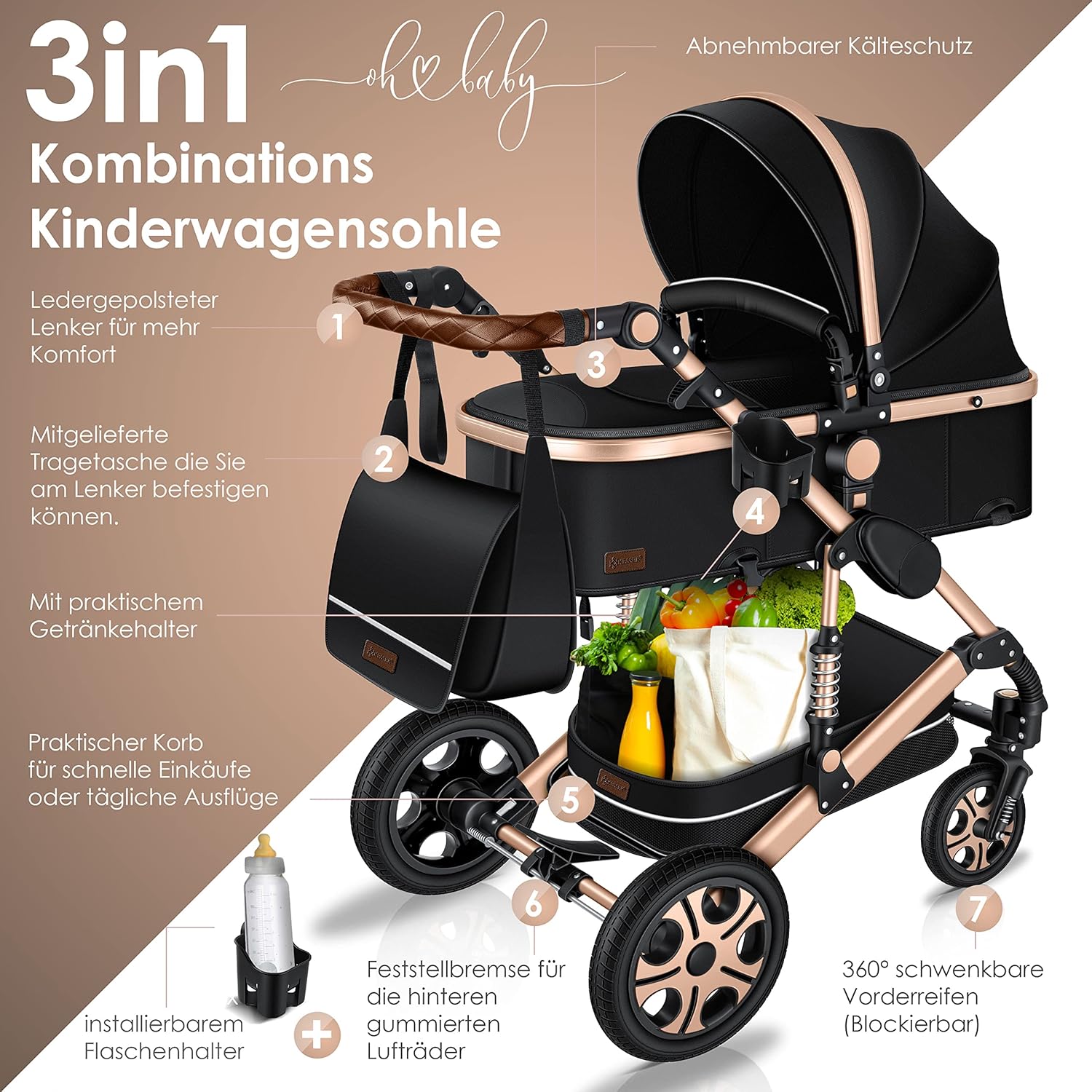 KESSER® Loops 3 in 1 Kinderwagen Kombikinderwagen Komplett-Set inkl. Babywanne & Buggy Sportsitz & Auto-Babyschale Voll-Gummireifen Wickeltasche Regenschutz Kindertisch ECE R129, Grau/Silber