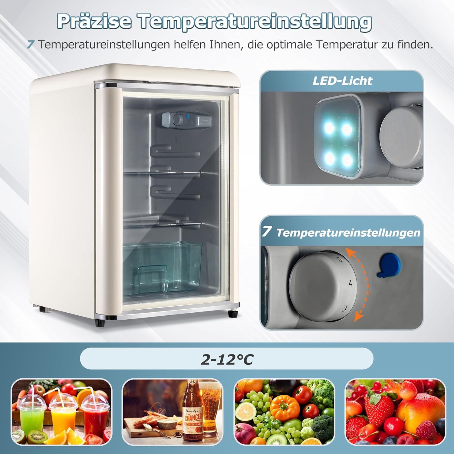Merax Kühlschrank 128L, Freistehend Getränkekühler mit 120L-Kühlschrank + 8L-Gefrierschrank, mit LED-Innenbeleuchtung und Verstellbare Einlegeböden, Superleise für Restaurant, Bar, Getränke und Bier