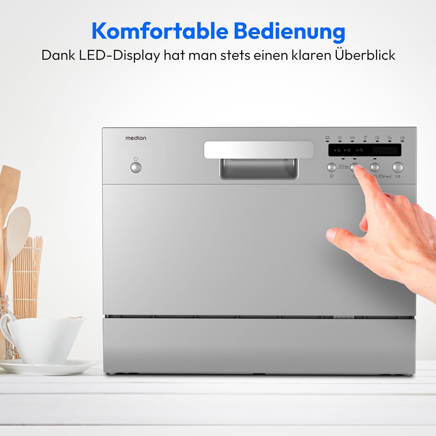 MEDION Tischgeschirrspüler DWT60 (6 Gedecke Fassungsvermögen, 7 Programme, ECO Programm, ca. 6,5 Liter Verbrauch, AquaStop, LED Display, Kindersicherung, MD37496) silber
