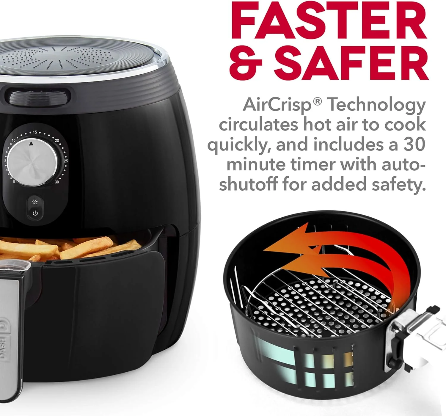 Dash Deluxe Electric Air Fryer + Oven Cooker with Temperature Control, Non-stick Fry Basket, Recipe Guide + Auto Shut off Feature, 1200-Watt, 3 Quart - Black