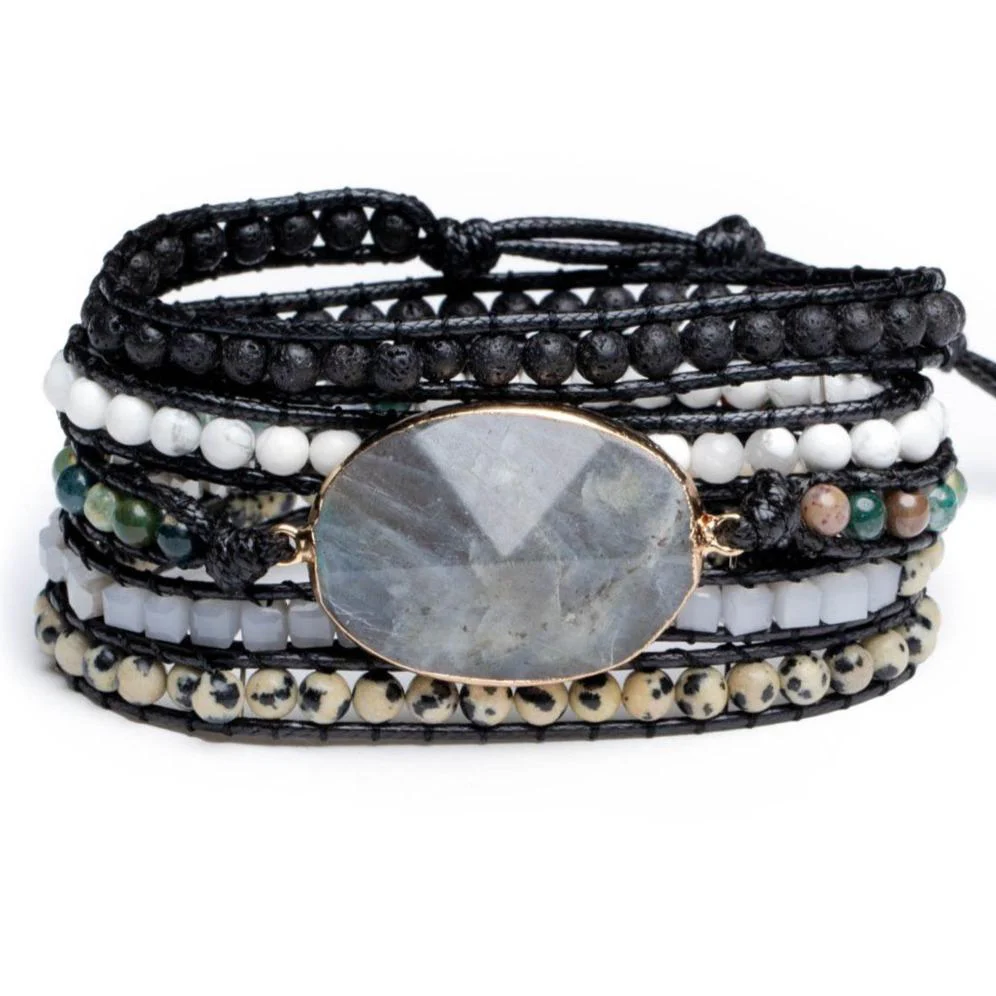 Wikkelarmband - Zwarte Maansteen - Grof Geslepen - Empathie