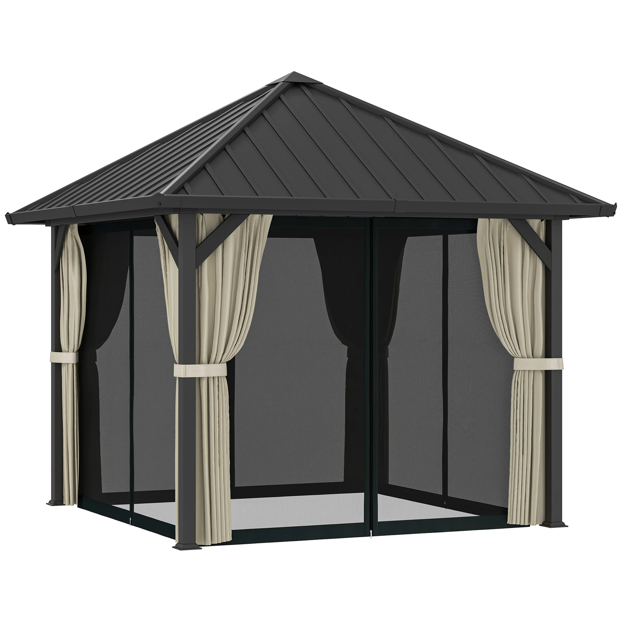 Outsunny 3 x 3m Harddak Paviljoen, Tuinpaviljoen met Metalen Dak, Waterbestendig Tuinzelt met Net en Zijwanden, Donkergrijs
