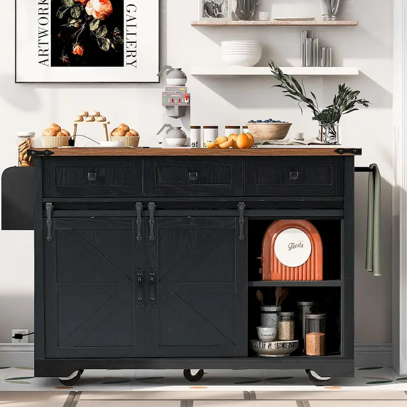 53.7-Inch Farmhouse Kitchen Island with Power Outlet, Featuring 2 Sliding Barn Doors and Drop Leaf Design