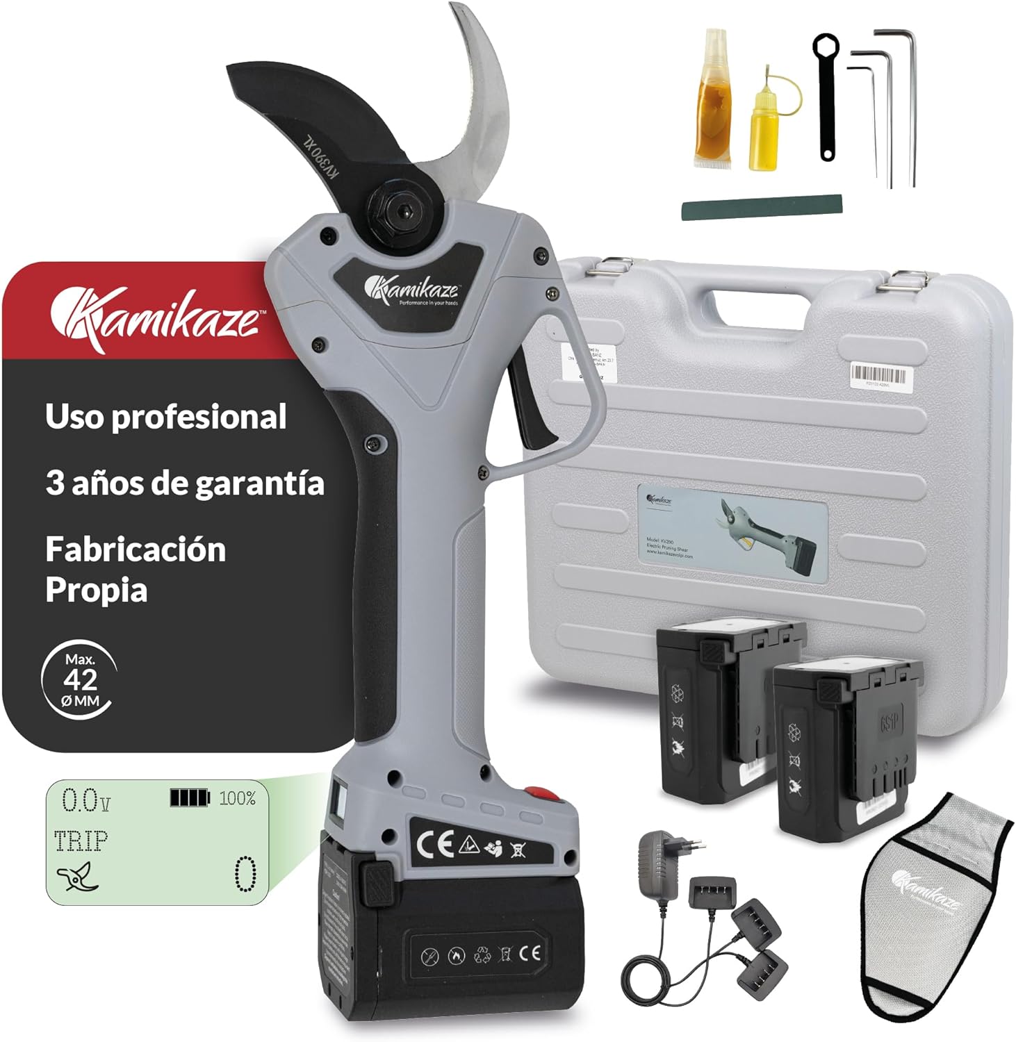 KAMIKAZE KV390 Tijera Eléctrica de Poda Profesional con Batería de Litio 21,6V, Ø35mm de Corte, 2 Baterías y Cargador Triple, Pantalla Inteligente, Kit de Mantenimiento y Maletín de Transporte