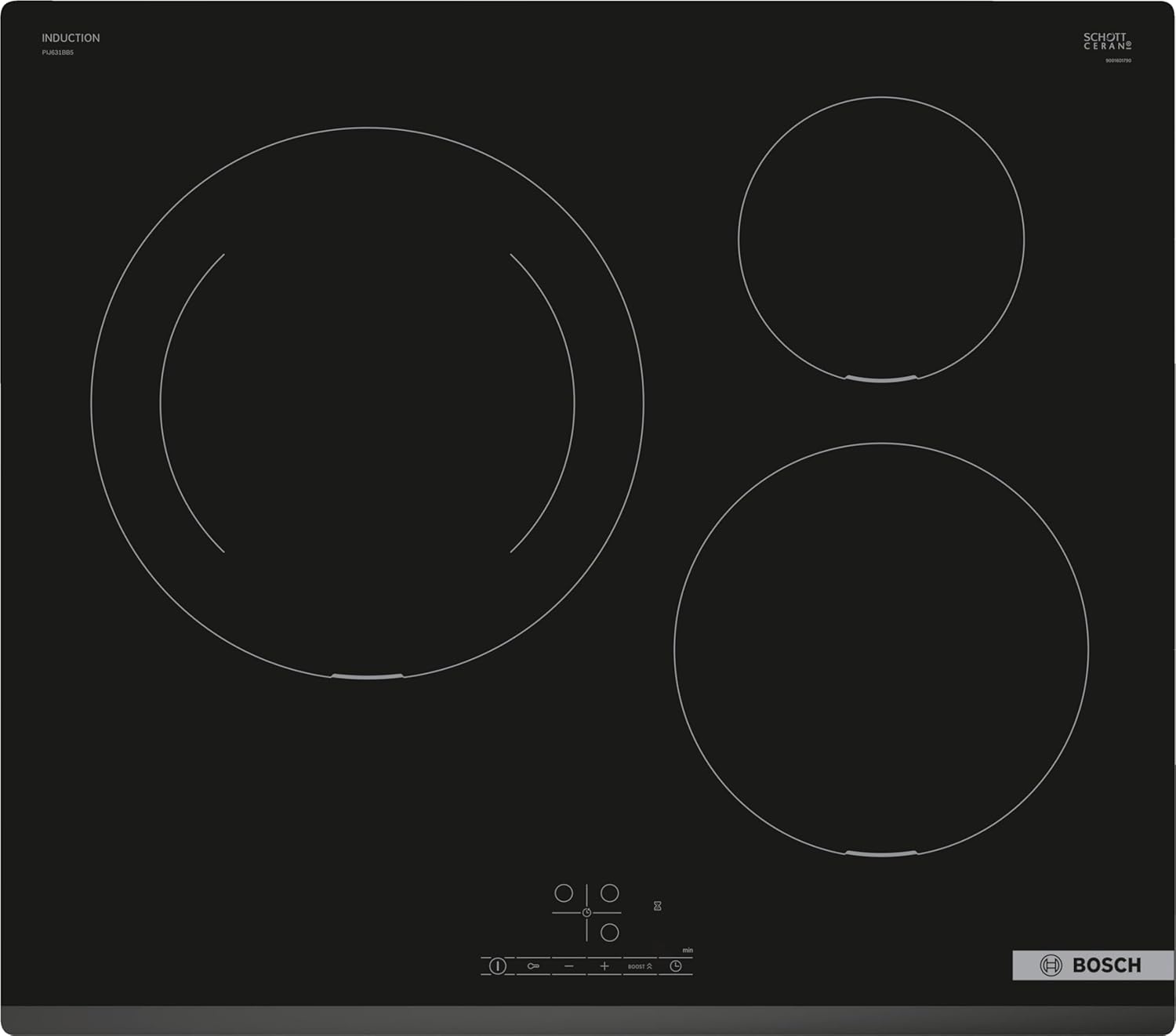 Bosch - Placa de Inducción, Serie 4, 60 cm, 3 Zonas, TouchSelect, 17 Niveles de Potencia, sin perfiles, Negro, PIJ631BB5E