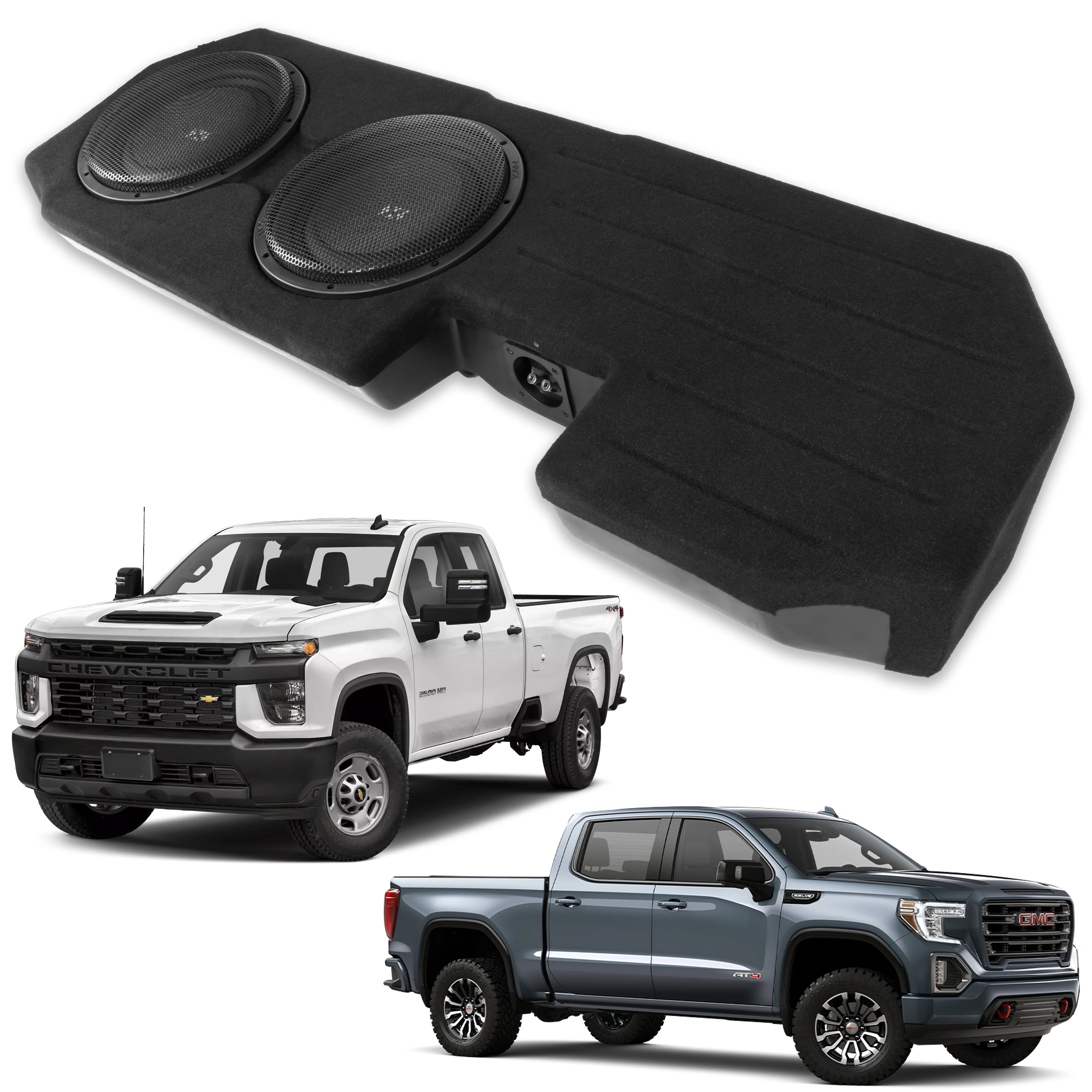 2026 Nuevo 2019 en adelante Chevrolet Silverado y GMC Sierra Crew Cab Trucks Caja de subwoofer doble de 12 pulgadas 800W RMS cargada personalizada BE GM SLVDC G4