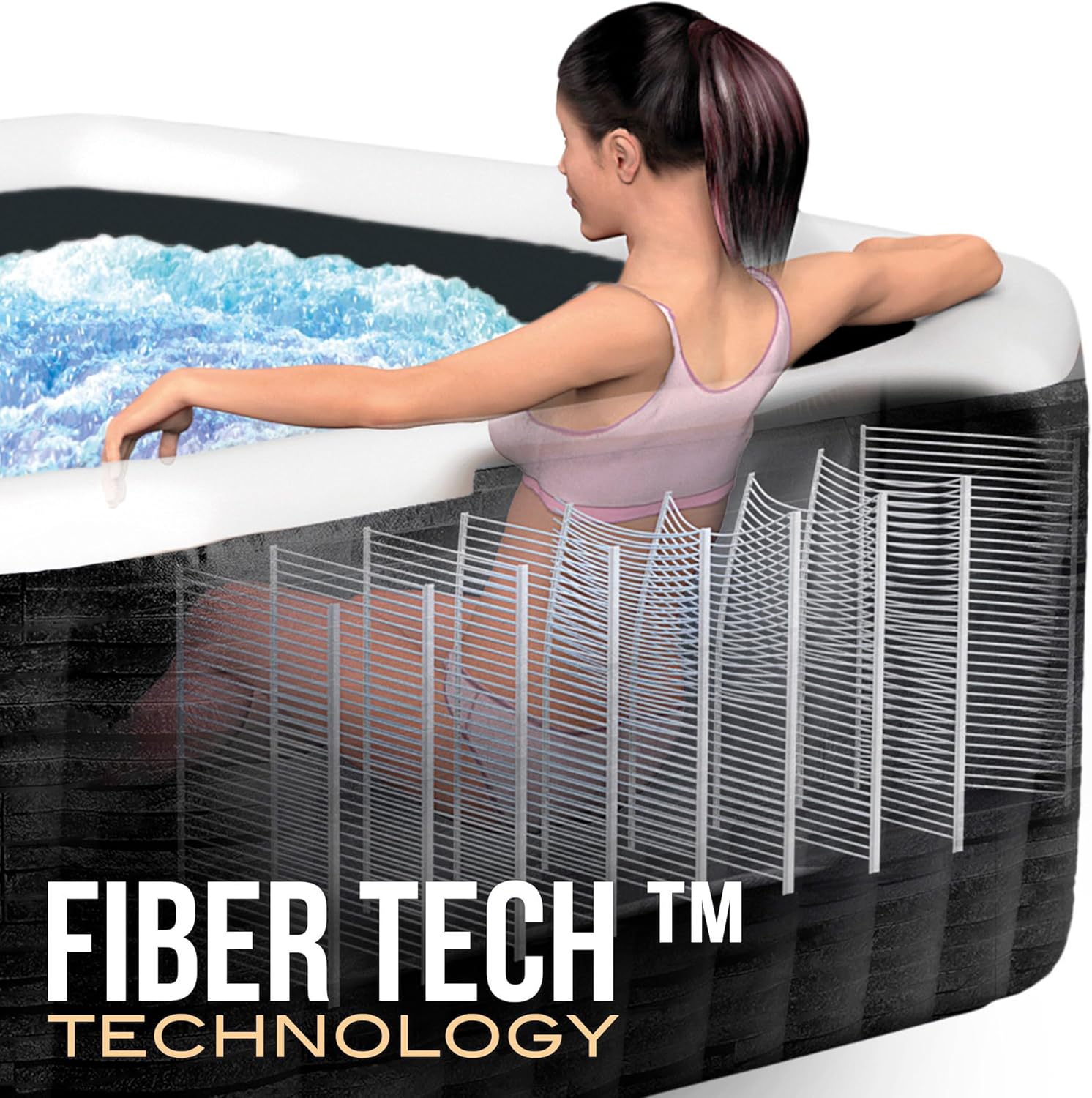INTEX PureSpa Greywood Deluxe In- & Outdoor Whirlpool aufblasbar für 4 Personen 795 L (145 x 71cm) Inkl. Wasserenthärtungs- & Salzwassersystem - 140 Massagedüsen - Heizsystem - APP Steuerung & LED