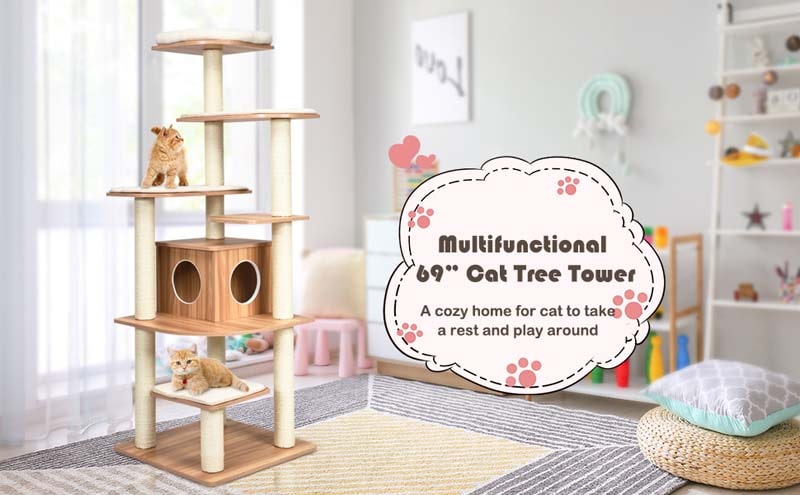 Eletriclife Wood Multi-Layer Platform Cat Tree with Scratch Resistant Rope