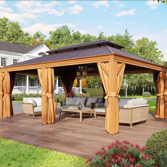 Wood Grain Hardtop Gazebo with Rain Gutter