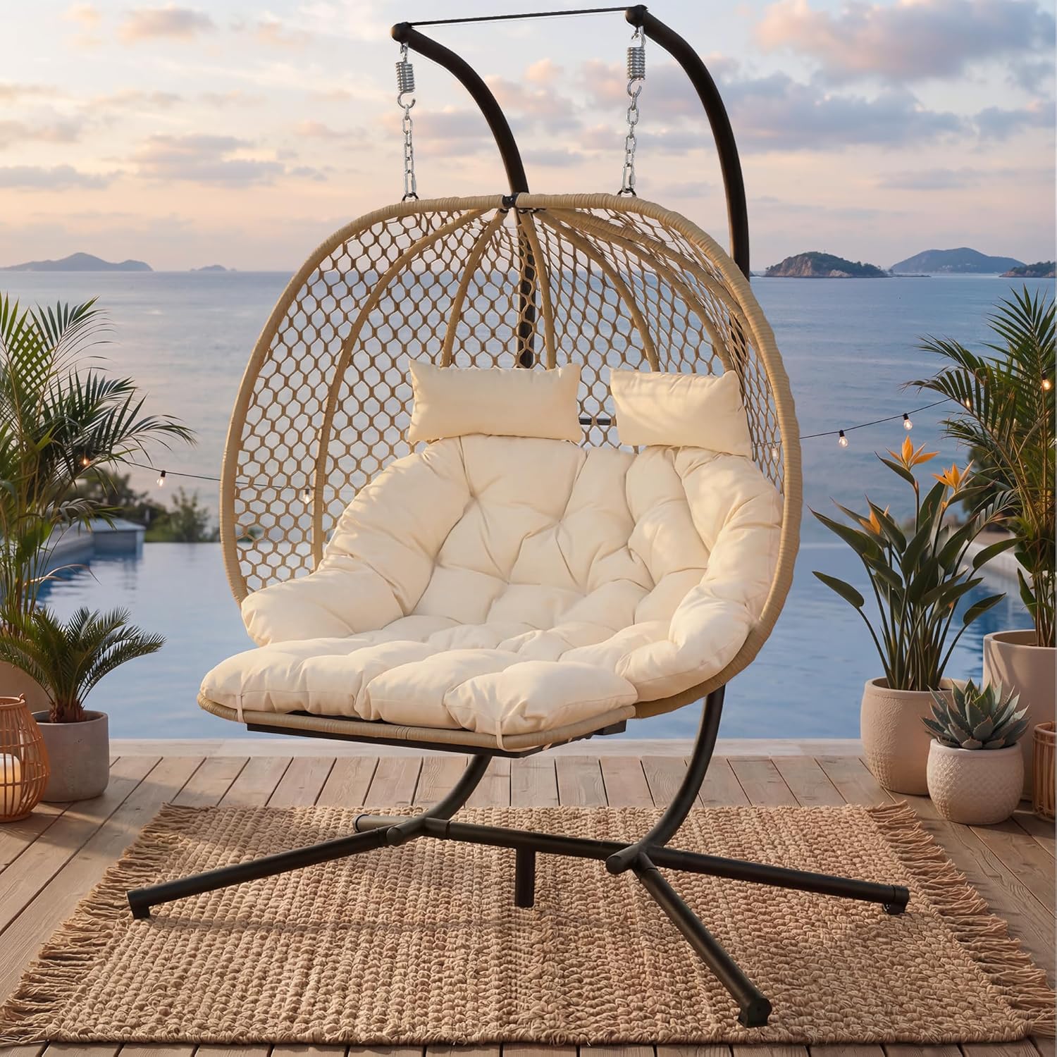 Doppelschaukelstuhl Ei-Form | Hängesessel mit Ständer, Fußauflage & Kissen | Gartenhängstuhl für Indoor & Outdoor | Belastbar bis 150kg (Beige)