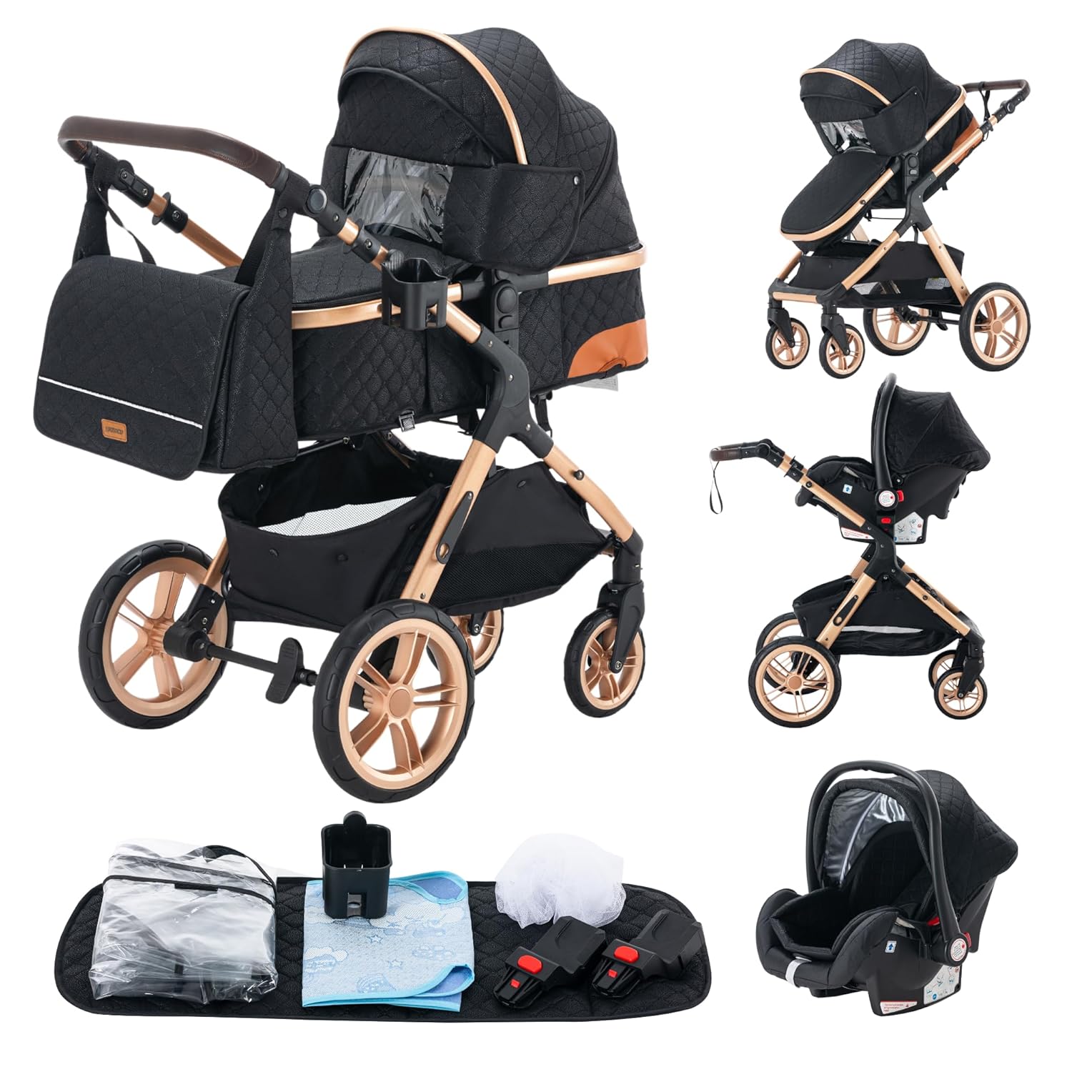 YAZOCO kinderwagen 3 in 1 Buggy Babybett Komplett Set Einem Klick Zusammenklappbarer Kinderwagen, KombiKinderwagen Aluminiumrahmen für Neugeborene Sitzzubehör (1 schwarz)