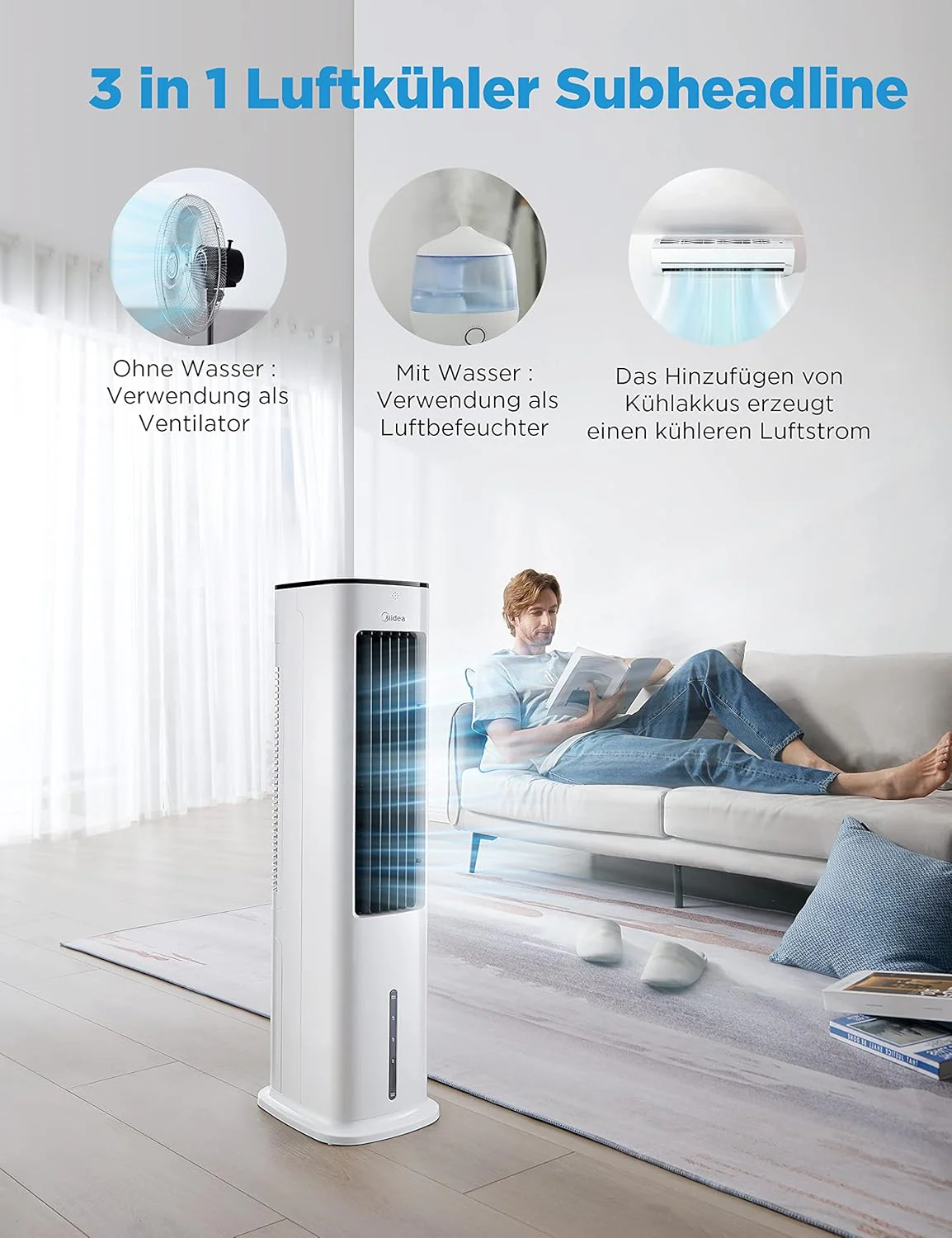 Midea AC100-20ARB Luftkühler 4-in-1 – 5L Wassertank, 3 Modi, Fernbedienung, 55W, Weiß
