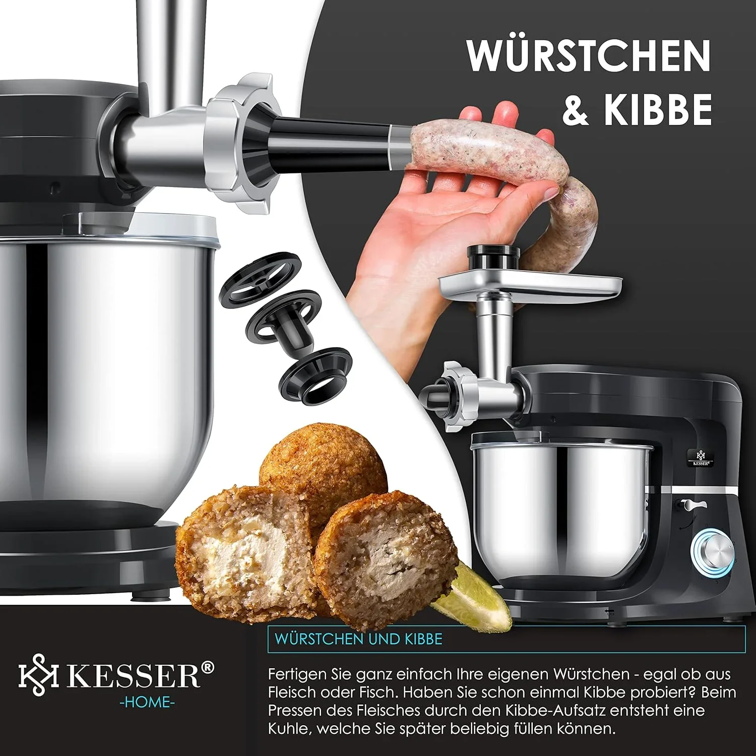 KESSER? 3 in 1 Universal K��chenmaschine K-KM 3000 mit Fleischwolf Knetmaschine Multifunktionale R��hrmaschine 5,5L Sch��ssel mit 3 R��hrwerkzeuge, 1,5L Entsafter, Zubeh?r-Set, Pasta & Geb?ckformen