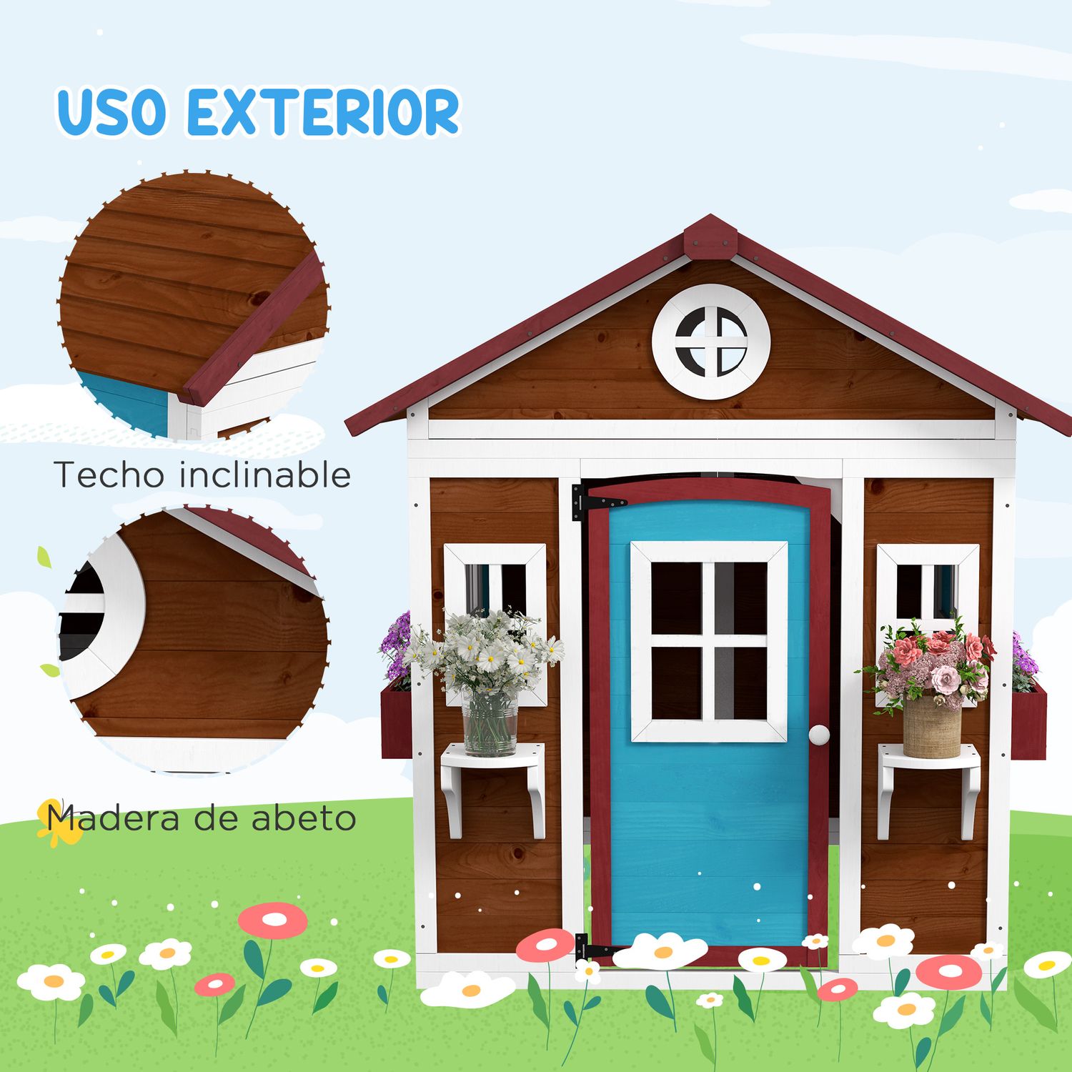 Casa De Jardín Infantil De Abeto 114x126,4x135 Cm- Outsunny. Marrón