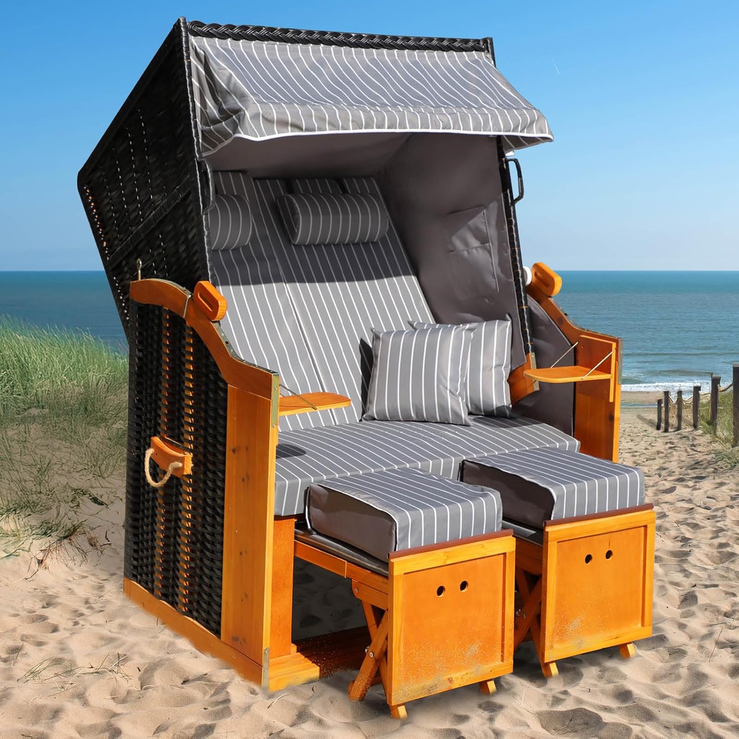 BRAST® Strandkorb Rügen Deluxe | für 2 Personen | 120cm breit | 5 Designs | inkl. wetterfeste Abdeckhaube | verstellbare Rückenlehne weiches Fußkissen | Anthrazit/Grau - gestreift
