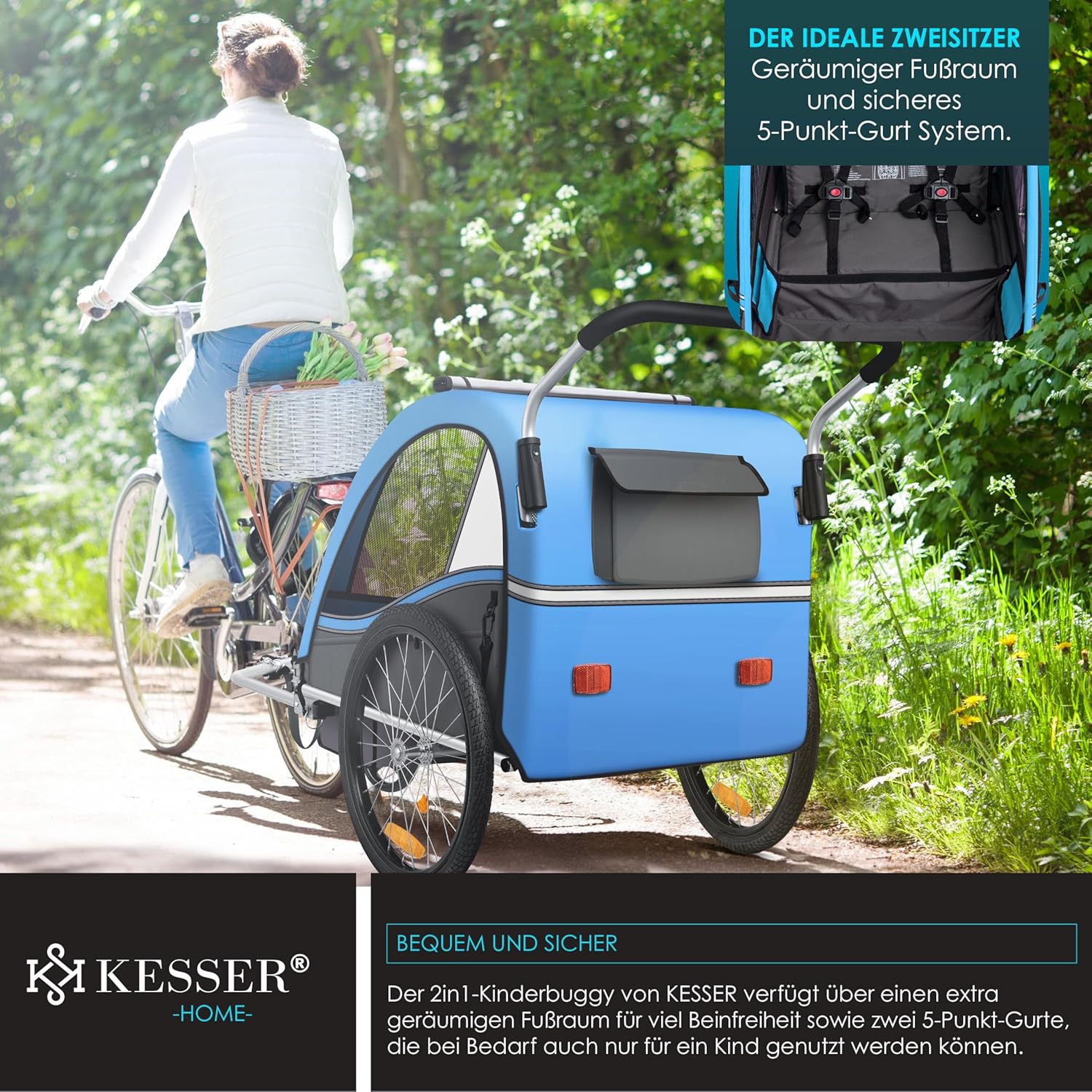 KESSER Kinderfahrradanhänger Sport-RX 2in1 Jogger & Buggy 5-Punkt-Gurt Sicherheitsgurt 360° Vorderrad Kinderfahrradanhänger Reflektoren für 1-2 Kinder (max. 40 kg) Getränkehalter & Smartphonefach