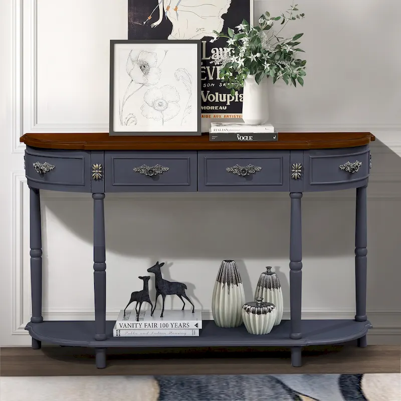 52-Inch Half Moon Circular Sofa Table with Open Shelf and Dual Drawers