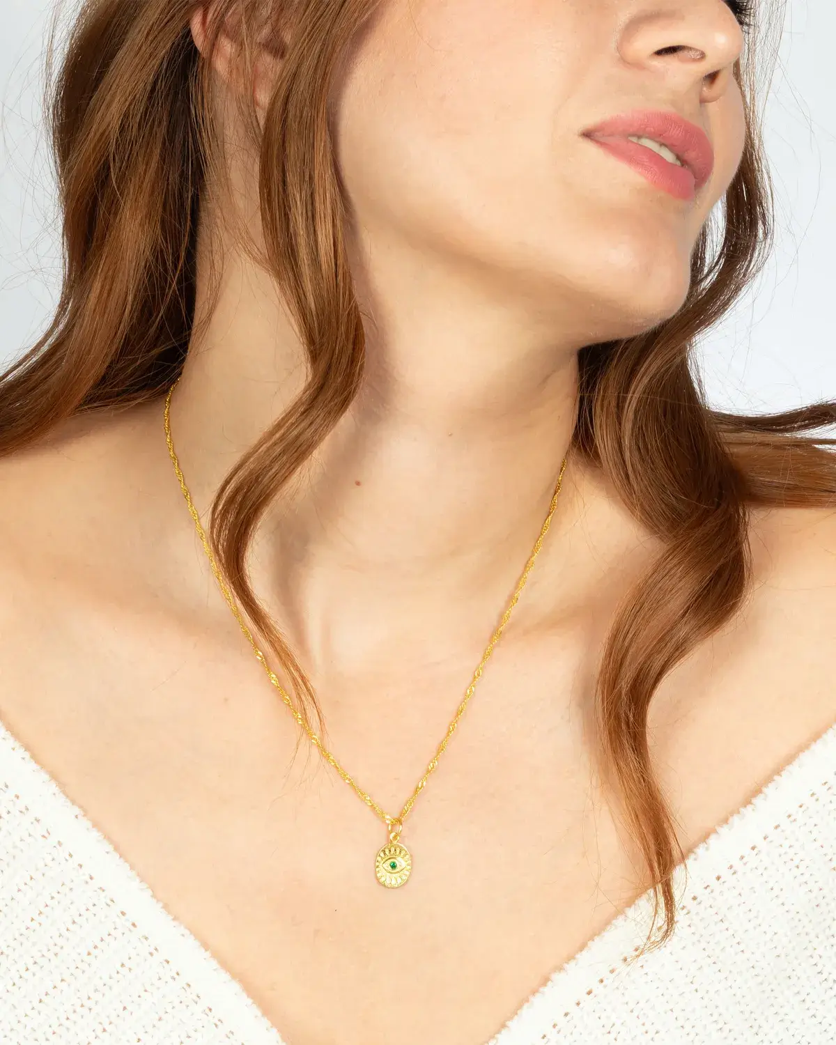 Ancient-Inspired Evil Eye Pendant – 18K Gold Emerald Charm