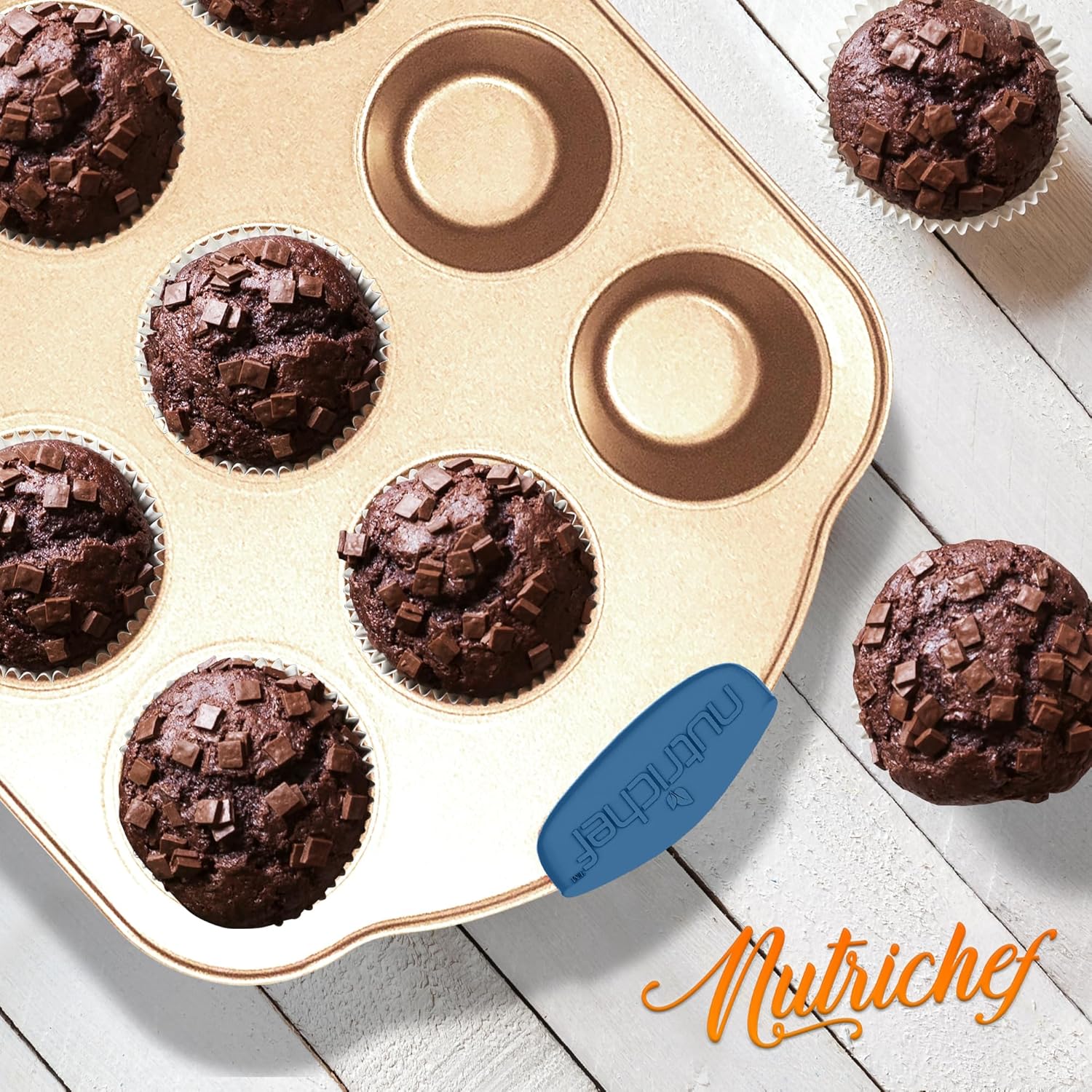 10-Piece Nonstick Bakeware Set   Premium Carbon Steel Baking Trays w/Heatsafe Silicone Handles, Includes Pizza Crisper, Loaf Pan, 12   24 Cup Muffin Pans, Round/Square Pans, Cookie Sheets