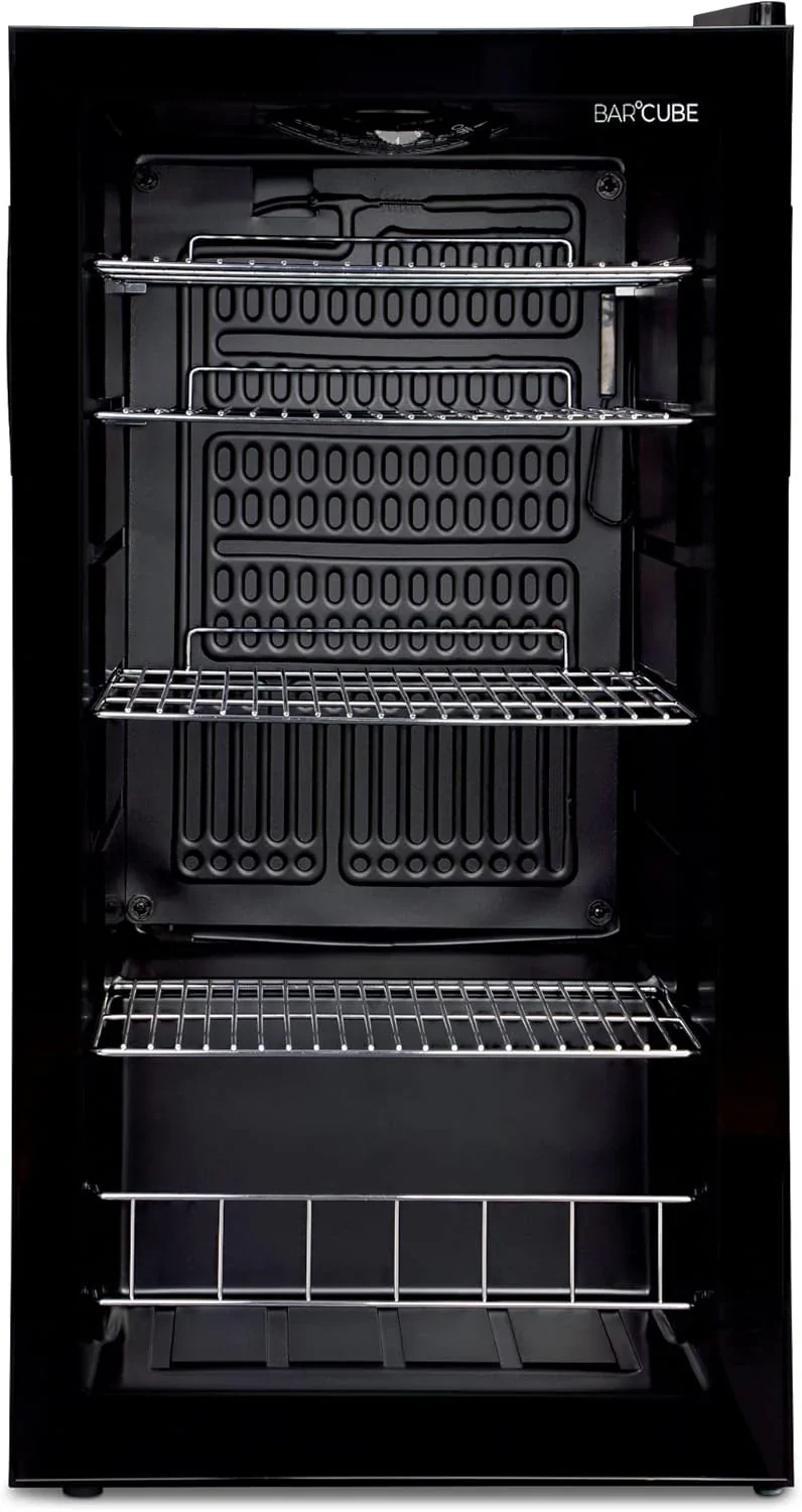 °CUBES Frigorifero per bevande 90L con porta in vetro e 4 ripiani regolabili | Frigorifero compatto per bottiglie, perfetto per casa, ufficio, feste e ristorazione | Elegante frigorifero con porta in vetro, nero