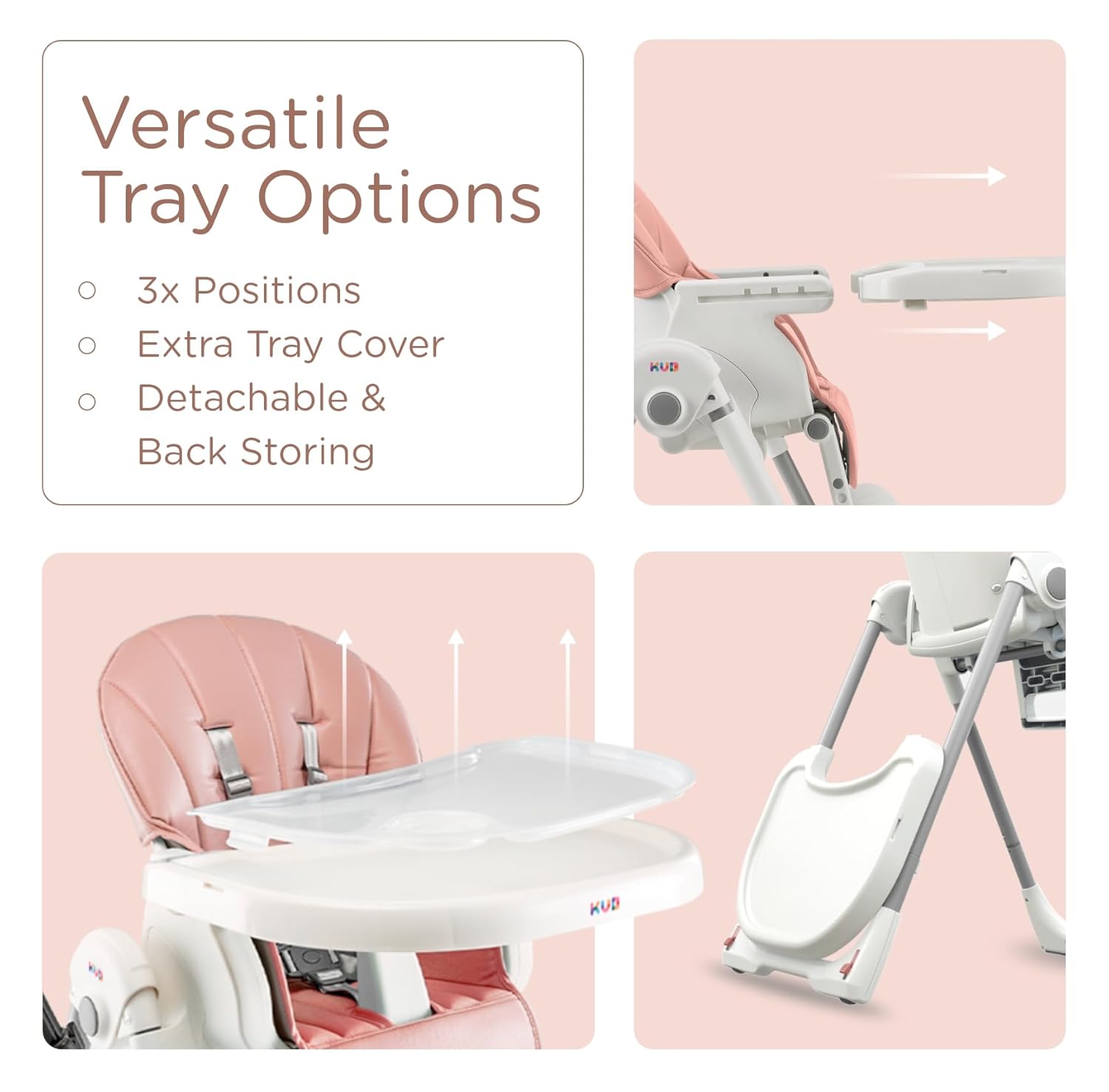 JBG Foldable Baby High Chair, Grey Faux Leather, Adjustable Height & Recline, Removable Tray, Locking Wheels, 5-Point Harness