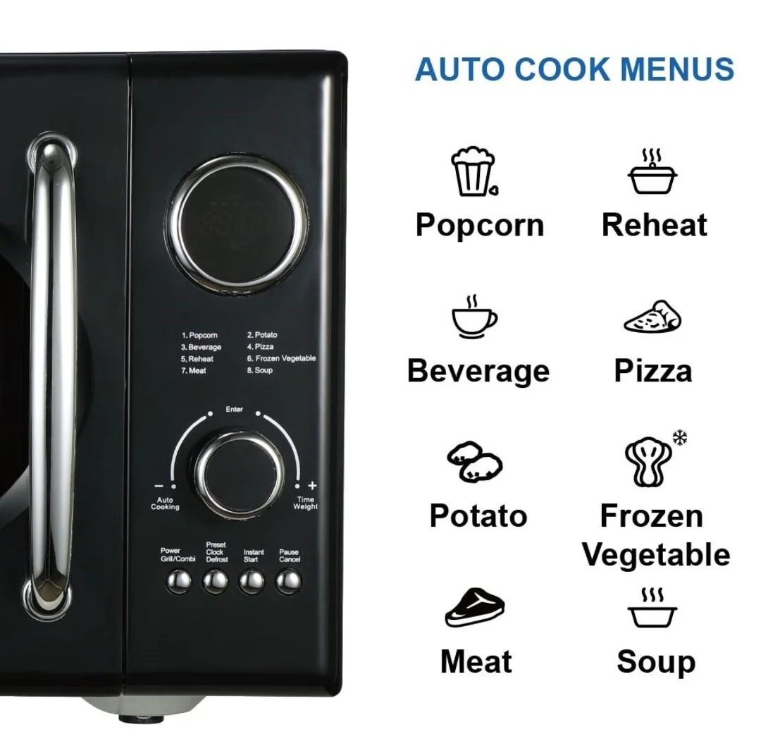 2025 Microondas retro negro Emerson 0,9 pies³ 800 W con función grill, modelo MWRG0901BK.