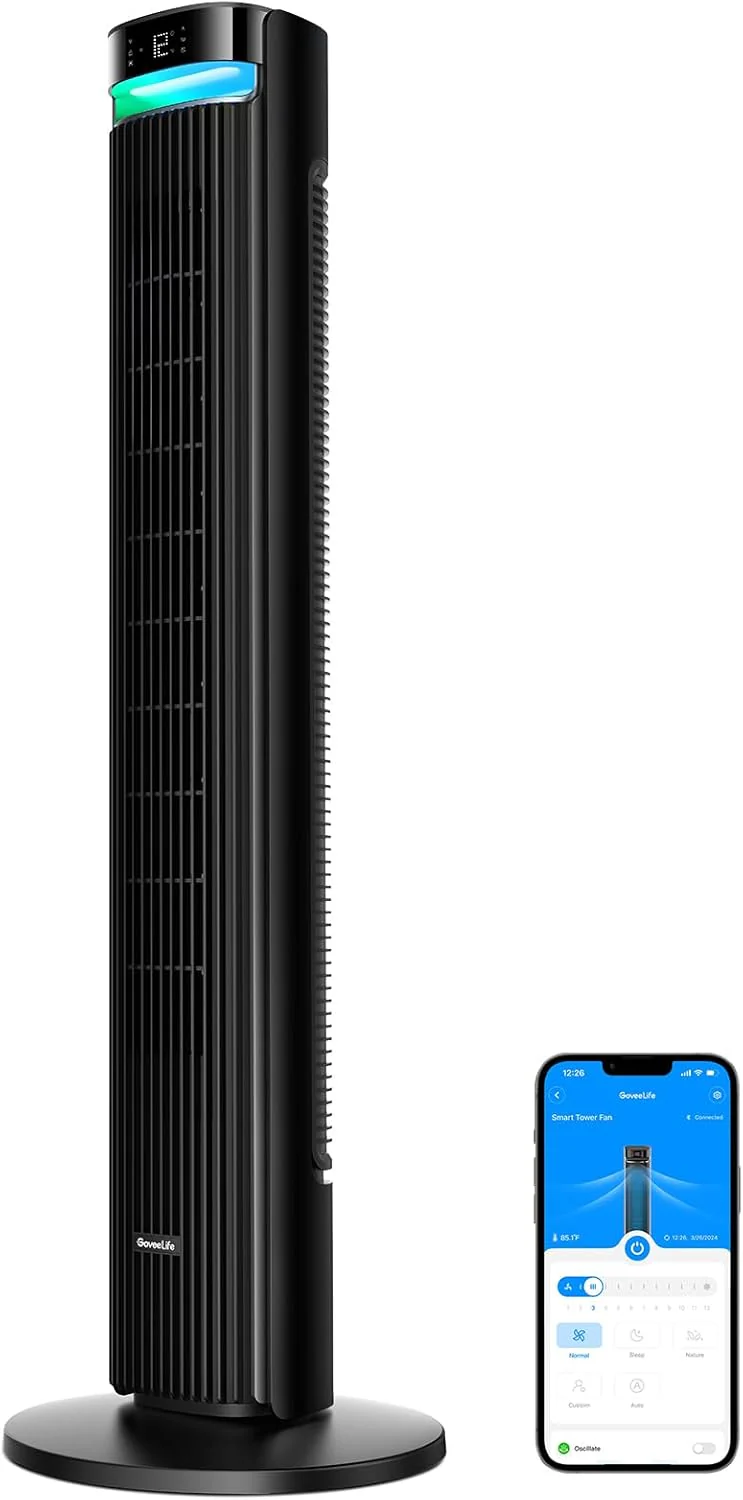 GoveeLife 27 dB stille ventilator, 12 snelheden tot 8 m/s, 5 standen, 24-uurs timer, slimme torenventilator met 150�� oscillatie, app- en spraakbediening voor thuis, zwart