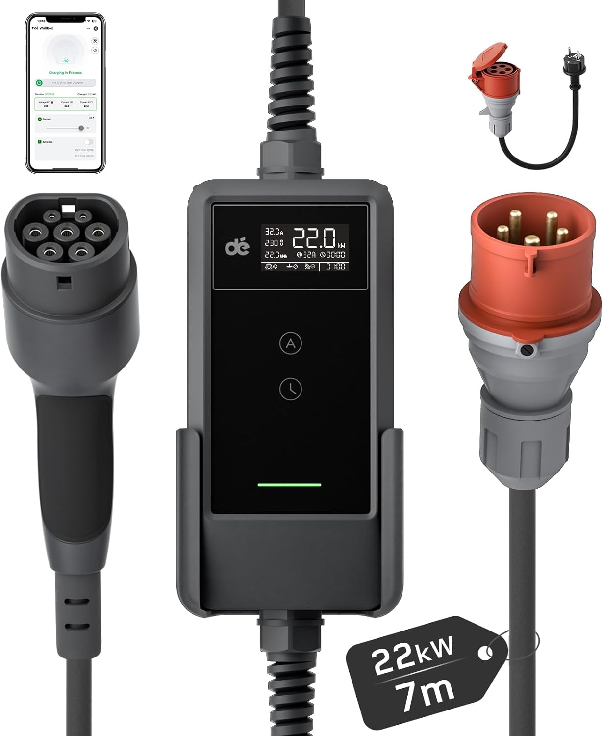 dé Mobile Wallbox/Ladestation 22kW Mit App 3-phasig|7m|6-32A] mit stromzähler, Ladekabel CEE 32A auf Typ 2 und EV Ladegerät für Model Y/3, ID.3/4/5, MG4, EX30, e-up, e-tron und andere EV/PHEV