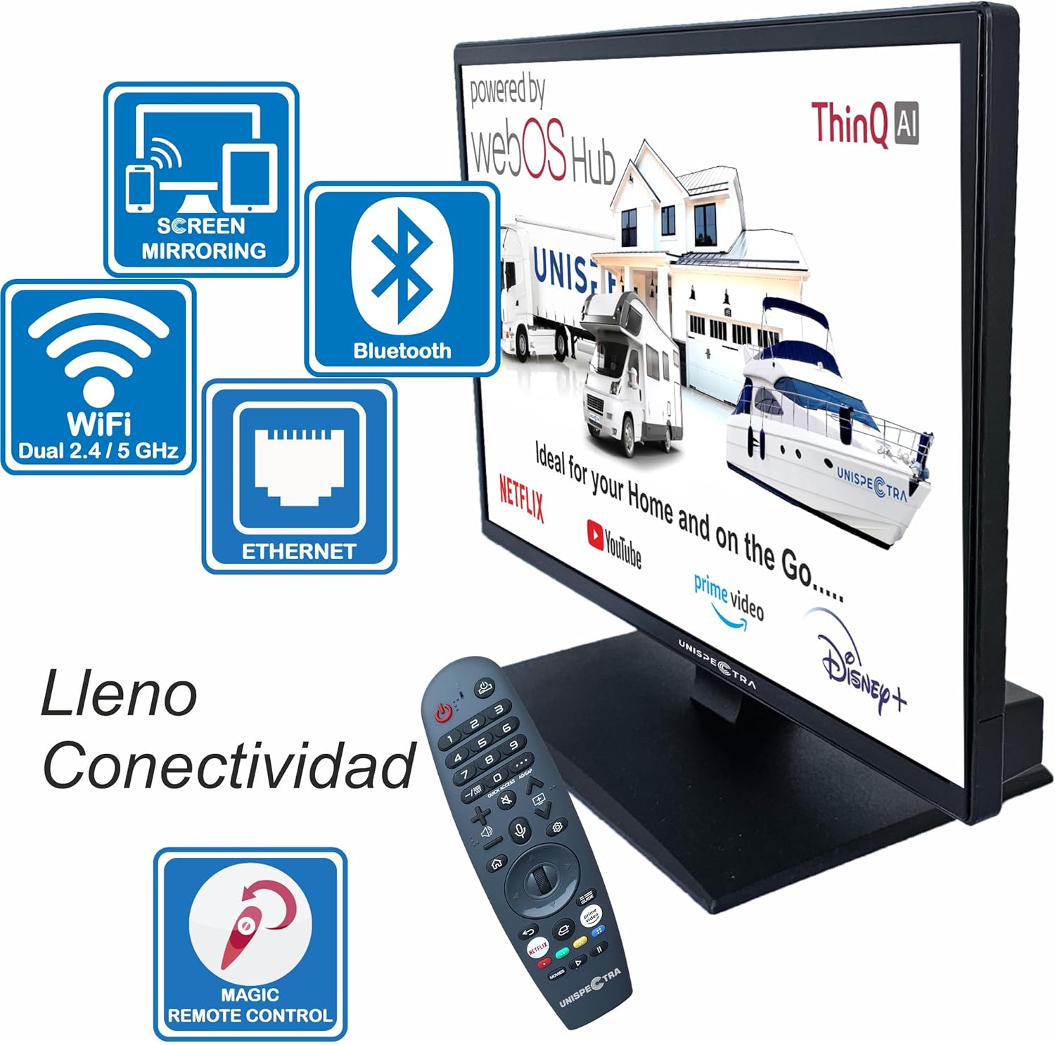Unispectra ® 19 inch Smart TV (webOS) ELED + Magic Remote. 230 V 24 V. Triple Tuner TDT, Sat and Cable. 3 x HDMI. 12 V TVs for Motorhomes, Caravans TV, Trucks, Boats