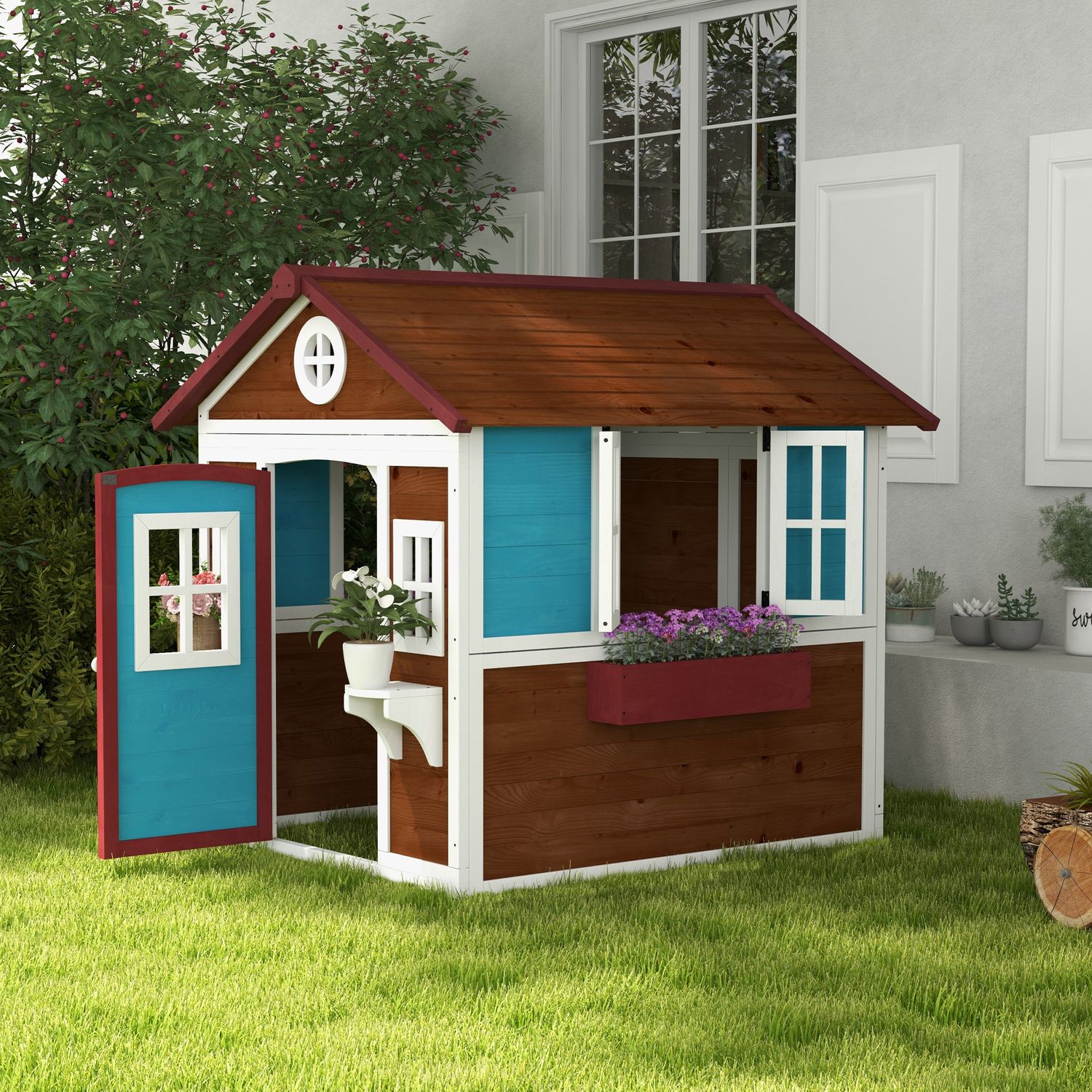 Casa De Jardín Infantil De Abeto 114x126,4x135 Cm- Outsunny. Marrón