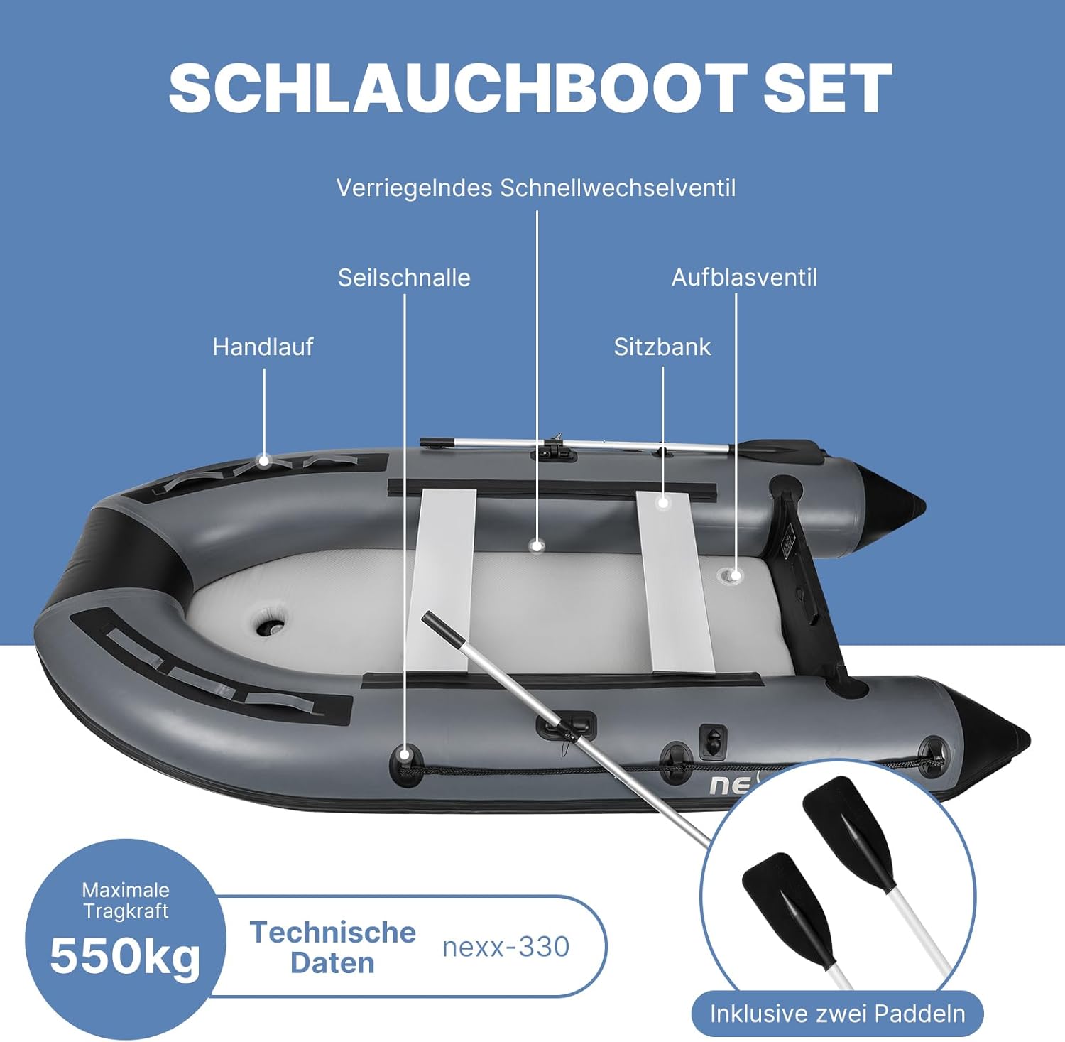 NEXX Professional Inflatable Boat 330 cm with Air Bottom with Carry Bag, 2 Paddles and Repair Kit Light Grey