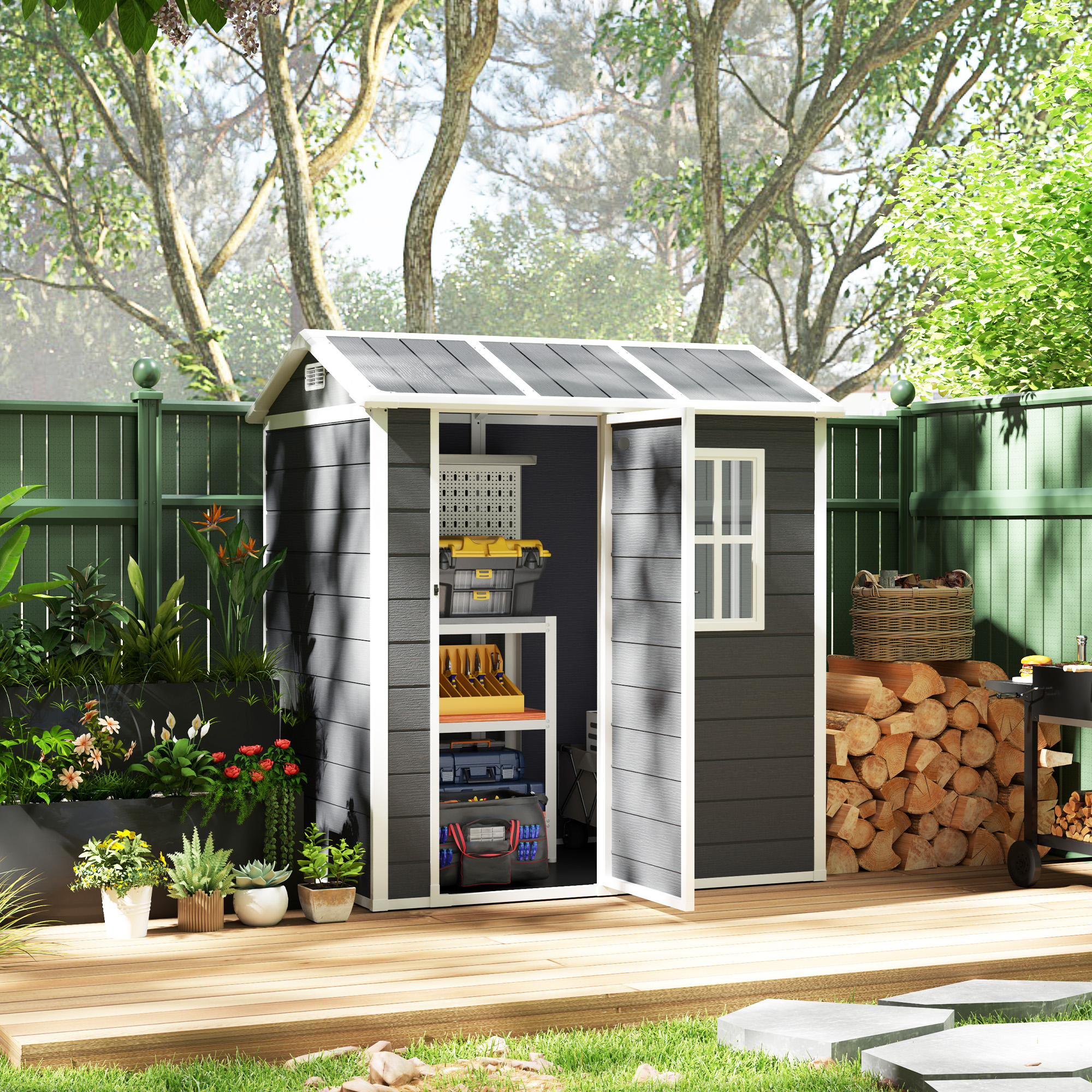 Outsunny Tuinhuis, Gereedschapsschuur met Bodem, Raam, Afsluitbare Deur, Kunststof-Harz, Weerbestendig, Grijs