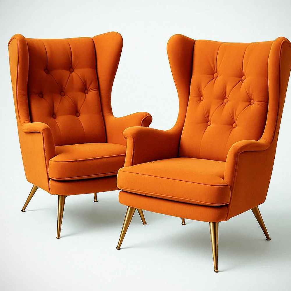 Set de 2 sillones orejeros de terciopelo naranja, patas de metal dorado, 76x80x105 cm (Largo x Profundo x Alto)