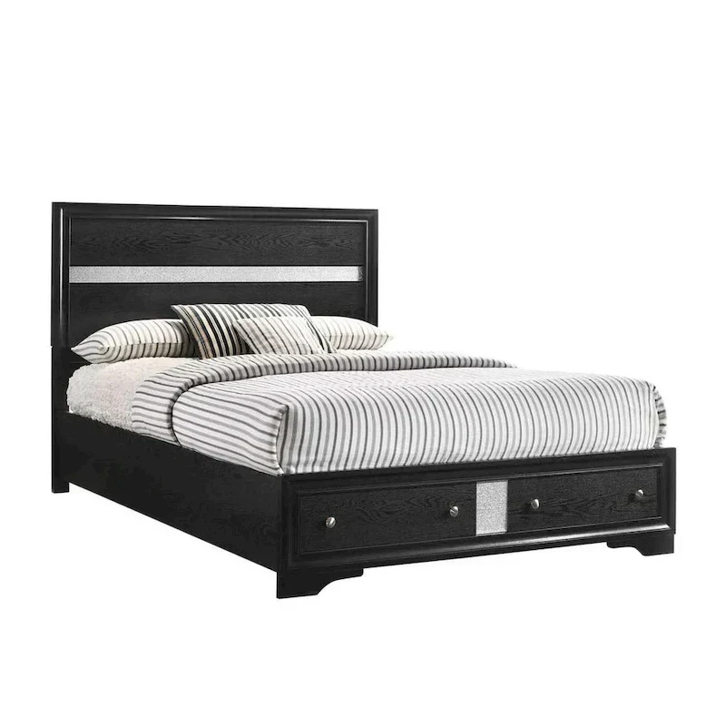 Regi King Size Bed with 2 Storage Drawers, Silver Striped Headboard, Black Wood Frame