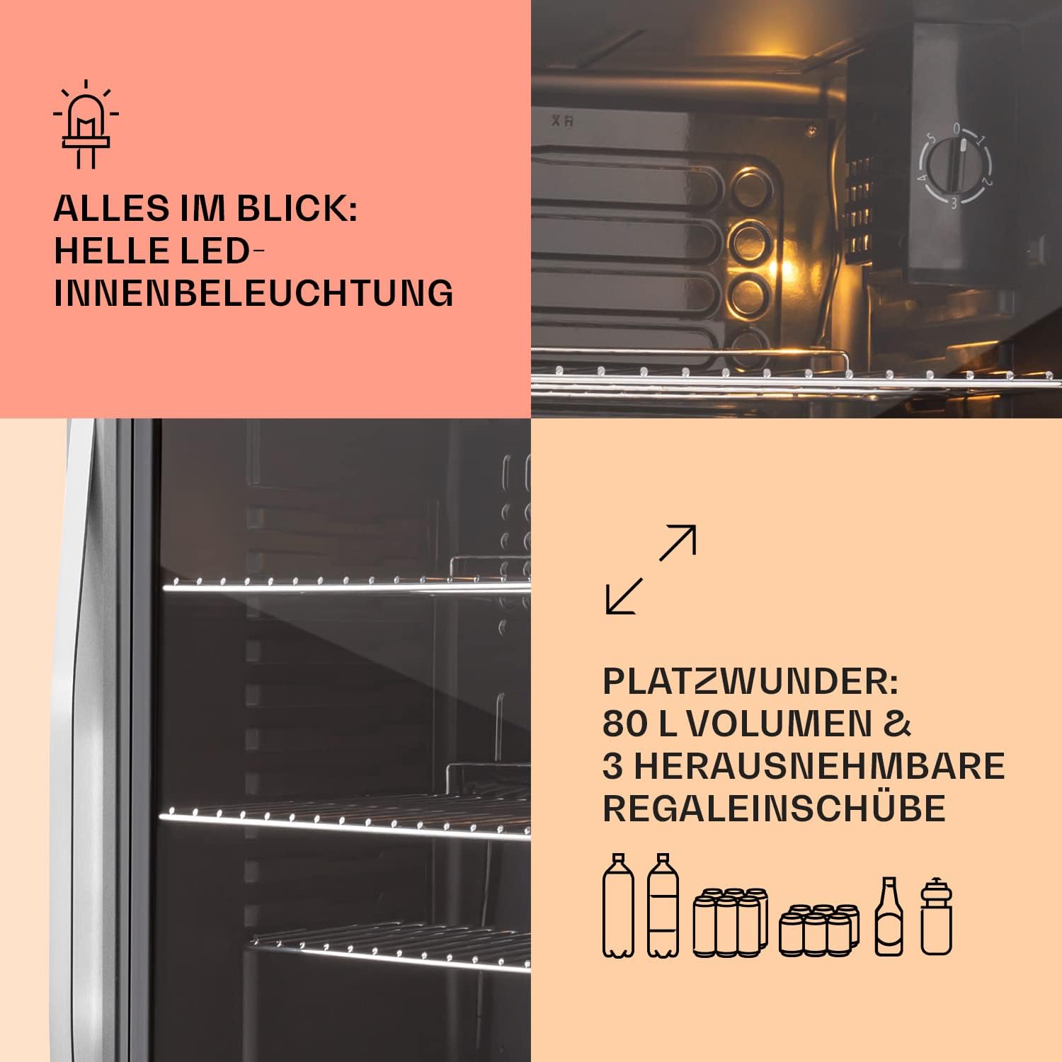 Klarstein Mini Koelkast met Glazen Deur voor Kamer, Drankenkoelkast met Verstelbare Planken, Klein 80 Liter, Indoor/Outdoor Koelkast Stil