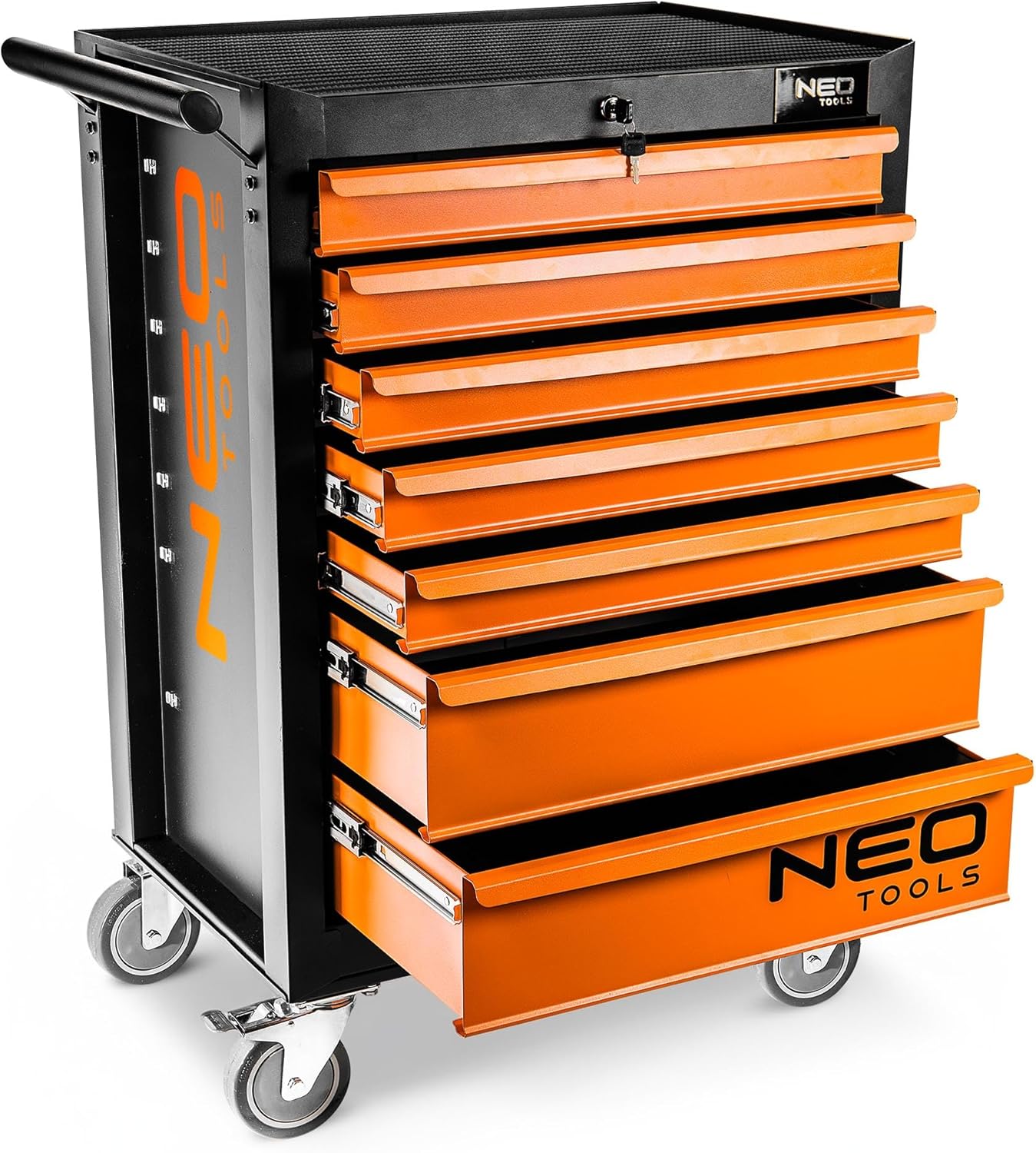 NEO TOOLS Werkzeugschrank 680x460x1030 mm, 7 Werkzeugschubladen, Belastbarkeit 280 kg, öl- und fettbeständiges Oberteil, Zentralverriegelung, Schubladenverriegelung, 5