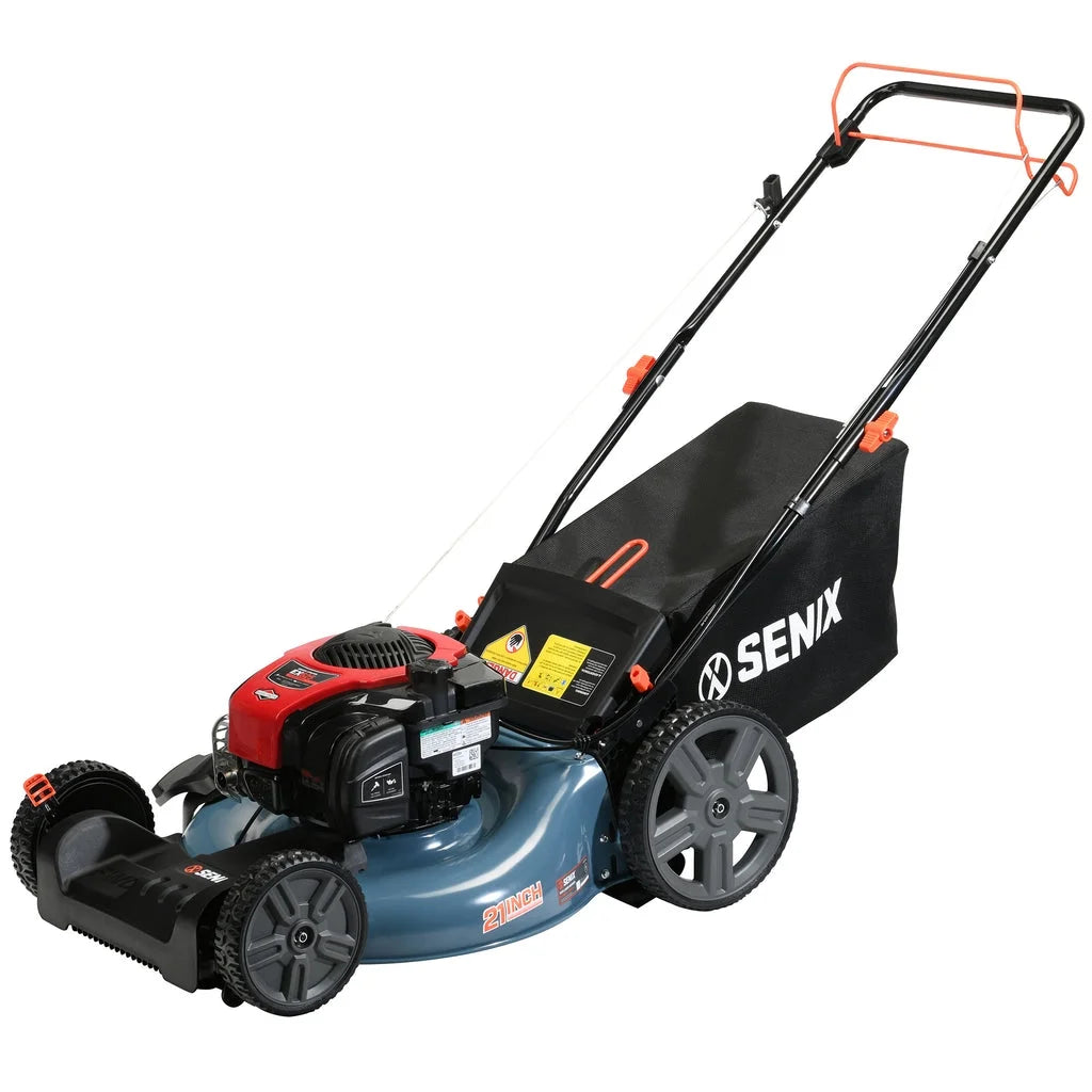 SENIX Self-Propelled Gas Lawn Mower, 21-Inch, 150 cc 4-Cycle Briggs & Stratton Engine, 3-In-1 Single Speed Lawnmower, 6-Position Height Adjustment with 11-Inch Rear Wheels, LSSG-M1, Blue