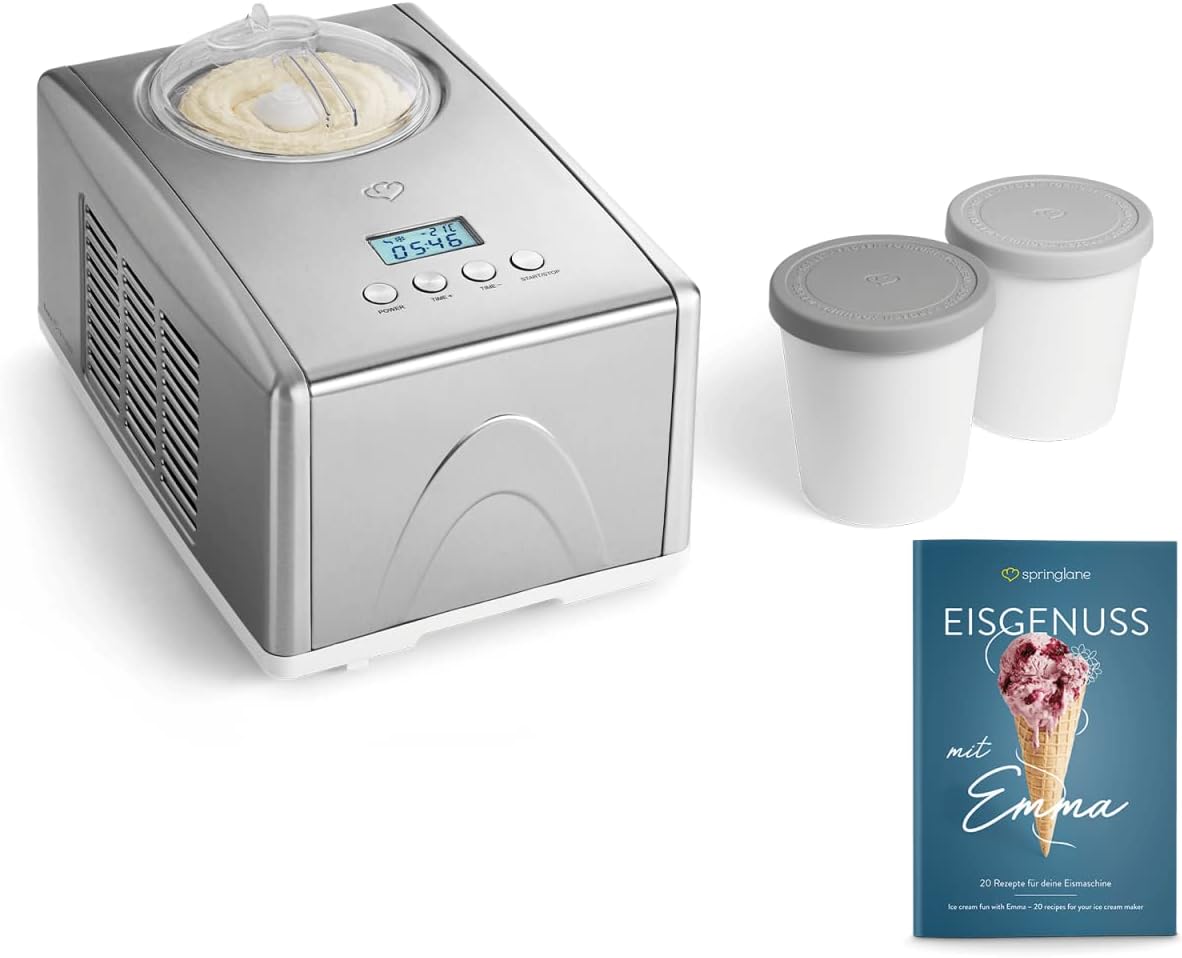 SPRINGLANE Glassmaskin Emma 1,5 L med självkylande kompressor 150 W, Tillverkad av rostfritt stål med uttagbar isbehållare, inkl. receptbok (silver, ismaskin)