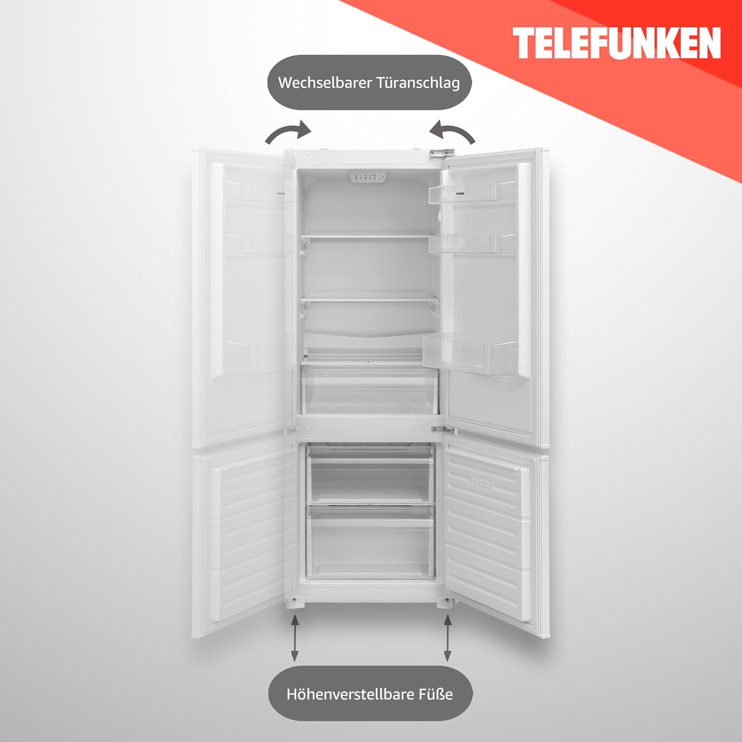 TELEFUNKEN Einbau-Kühl-Gefrierkombination | Einbaukühlschrank mit Gefrierfach (4-Sterne) | 144cm Nische | 211 Liter Gesamt-Nutzinhalt | Schlepptür | Less Frost | Temperaturregelung | C-EKG-144-ST-E
