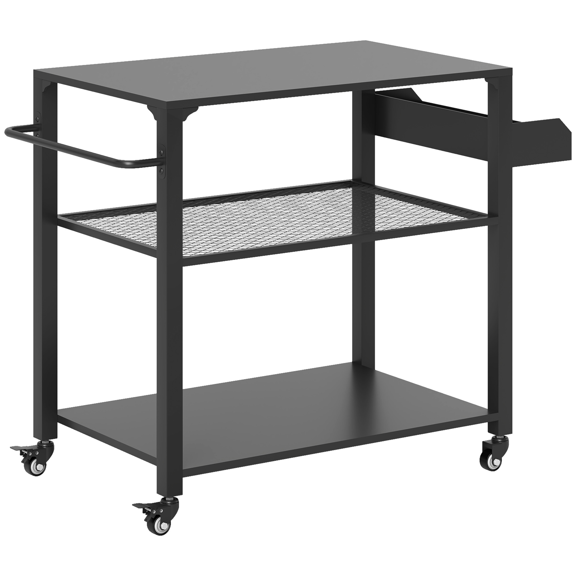 Outsunny Outdoor Keukeneiland, Grillwagen met Opbergrek, Handvat, 4 Wielen, Keukentrolley, Tuin, Terras, Metaal, Zwart