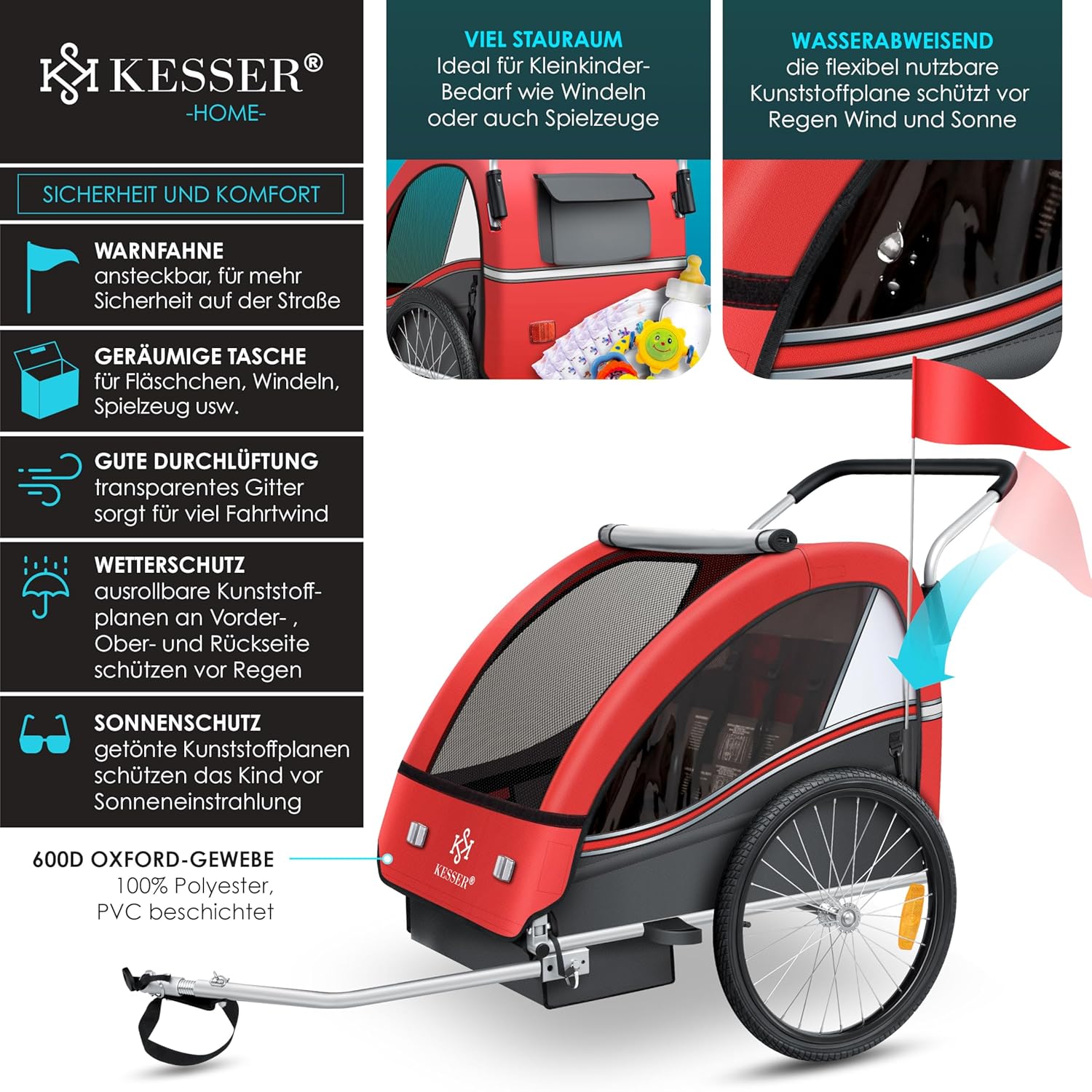 KESSER Kinderfahrradanhänger Sport-RX 2in1 Jogger & Buggy 5-Punkt-Gurt Sicherheitsgurt 360° Vorderrad Kinderfahrradanhänger Reflektoren für 1-2 Kinder (max. 40 kg) Getränkehalter & Smartphonefach
