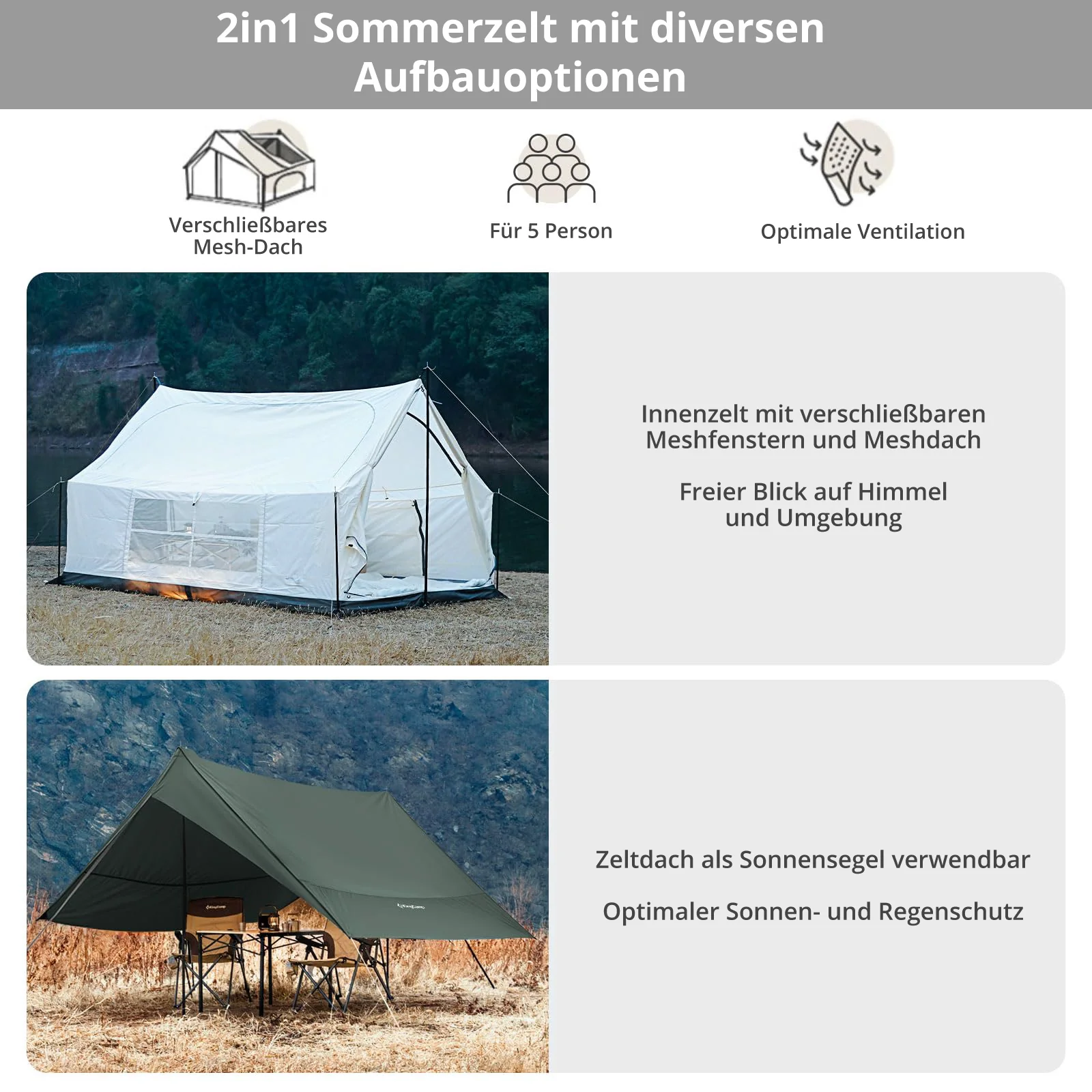 2025 KingCamp Pinehouse II – Tienda híbrida espaciosa para 4 personas, ventilación flexible y tejido técnico de mezcla de algodón
